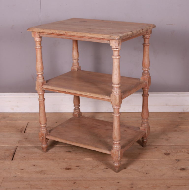 Small 19th c pine three tier whatnot / buffet. 1880.

Dimensions:
25.5 inches (65 cms) Wide
20.5 inches (52 cms) Deep
33.5 inches (85 cms) High.

 