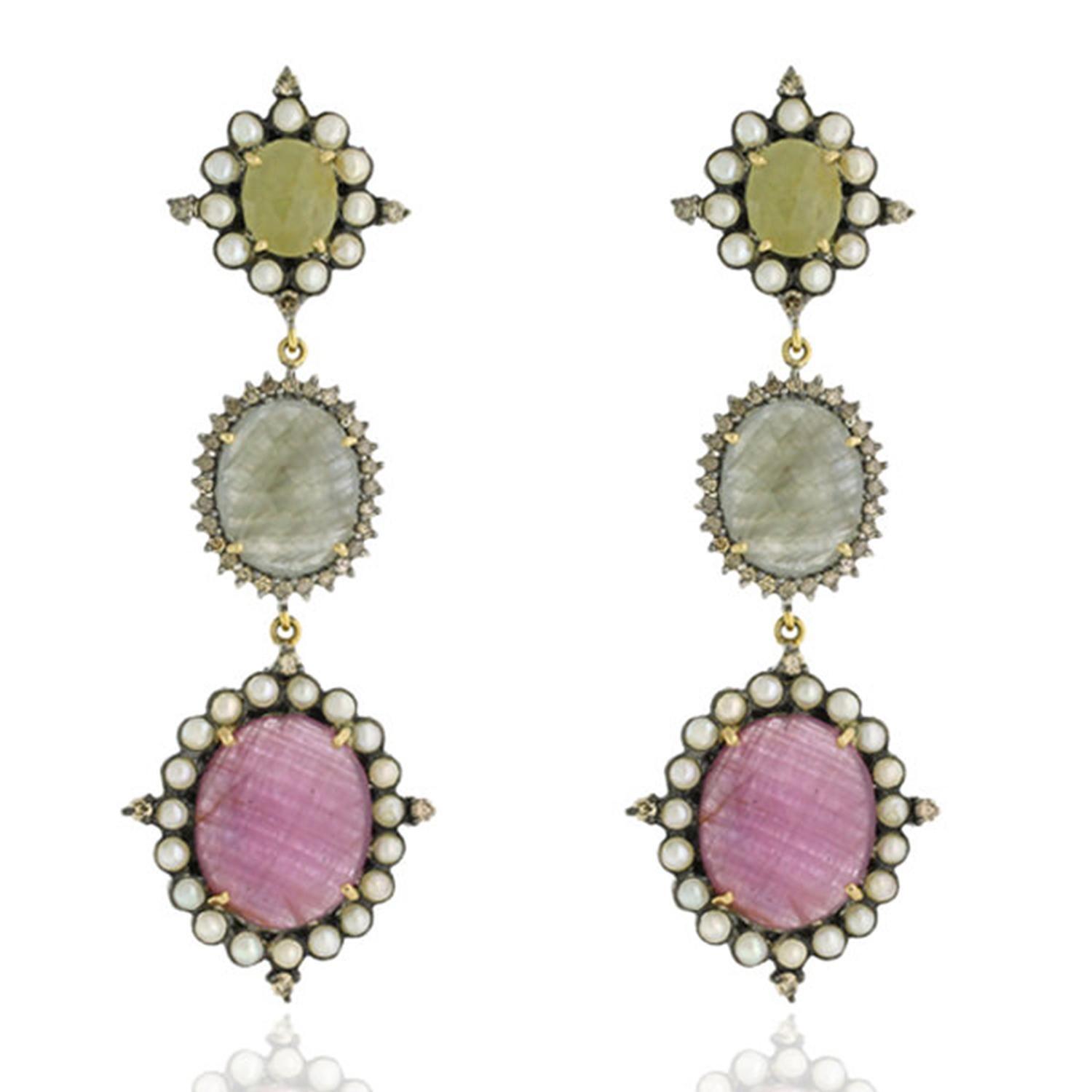 Modern Three-Tier Slice Multicolor Sapphire Earrings Pearls Diamond in Silver and Gold For Sale