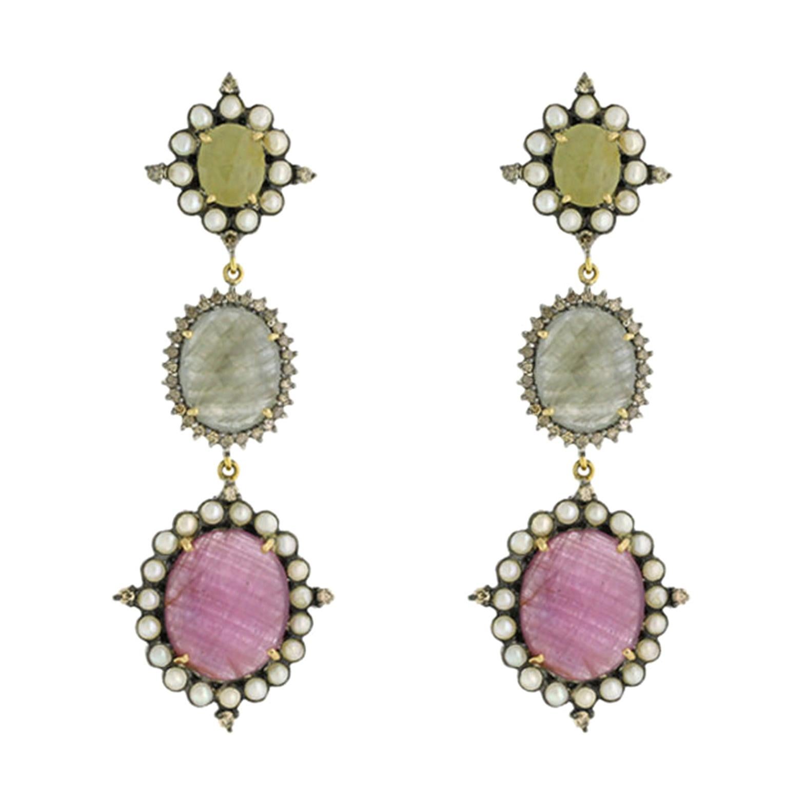 Three-Tier Slice Multicolor Sapphire Earrings Pearls Diamond in Silver and Gold