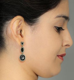 Three Tier Sliced Geode & Sapphire Dangle Earrings Accented with Pave Diamonds