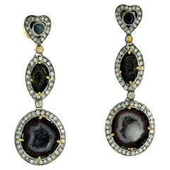 Three Tier Sliced Geode & Sapphire Dangle Earrings Accented with Pave Daimonds