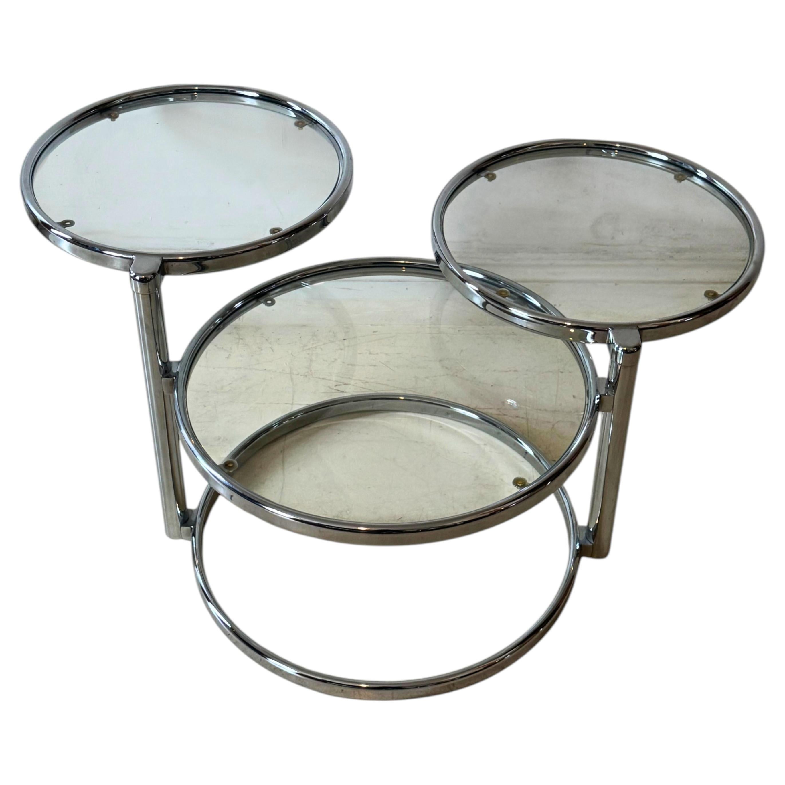 Three-Tier Swivel Chrome and Glass Coffee Table in the Manner of Milo Baughman