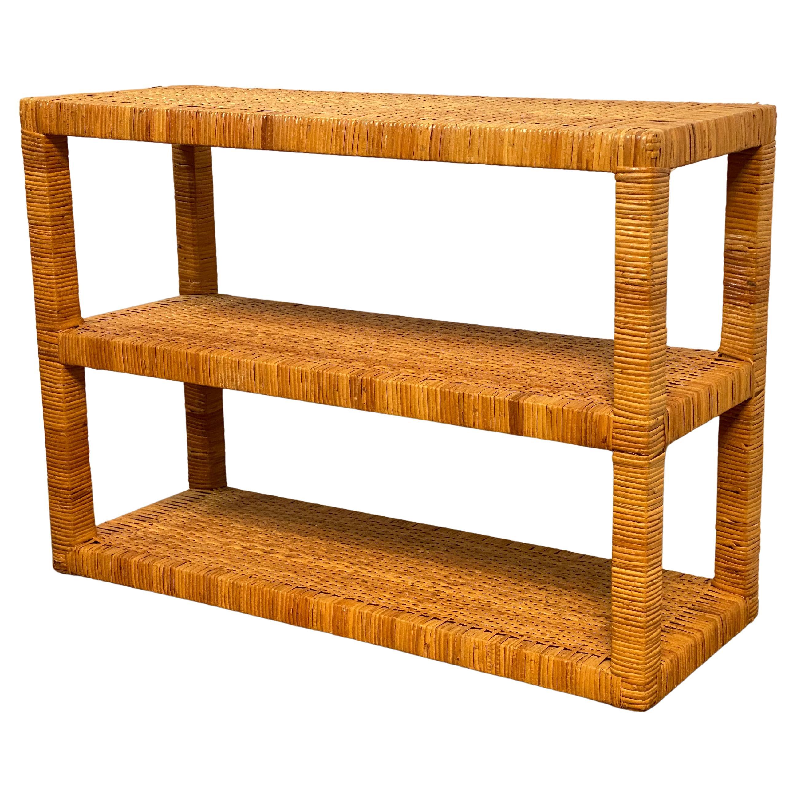 Three Tier Wrapped and Woven Rattan Console Table For Sale