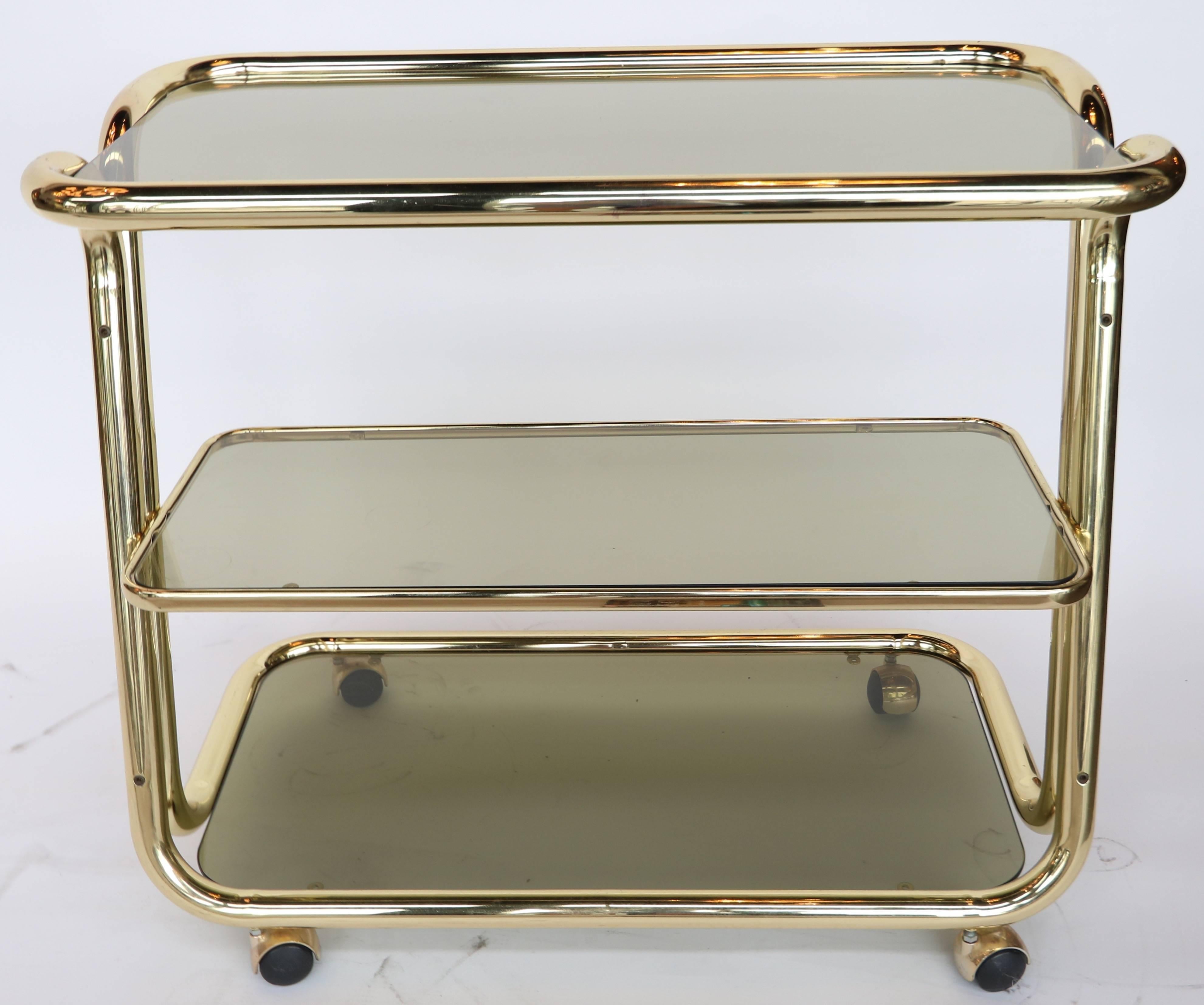 Mid-Century Modern Three-Tiered 1970s Brass Bar Cart with Smoked Glass Shelves