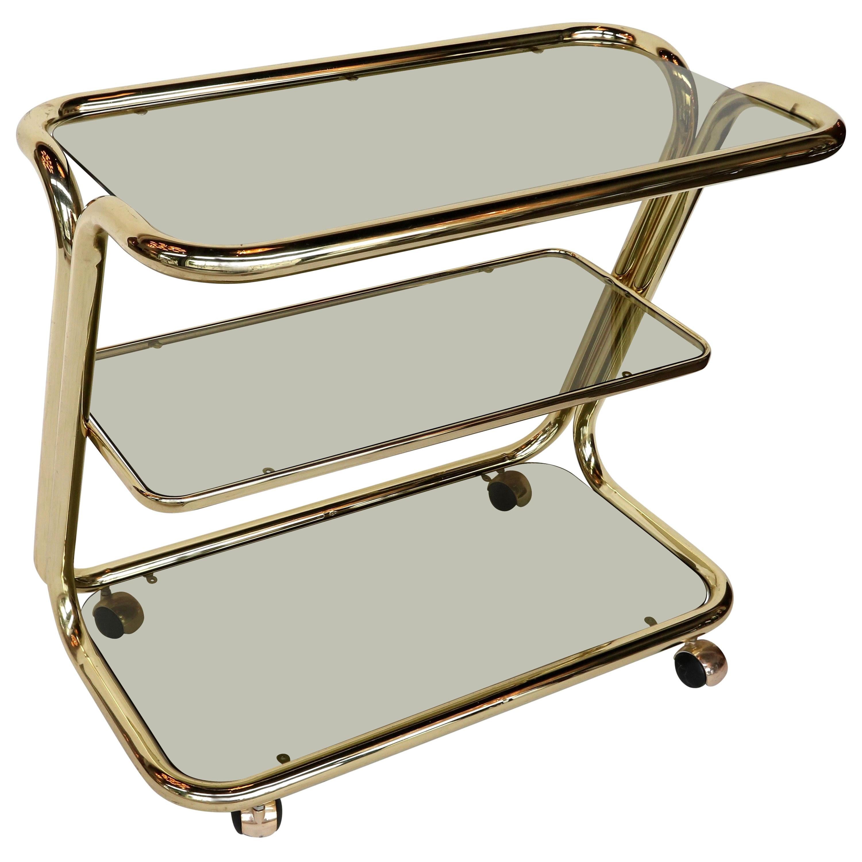 Three-Tiered 1970s Brass Bar Cart with Smoked Glass Shelves