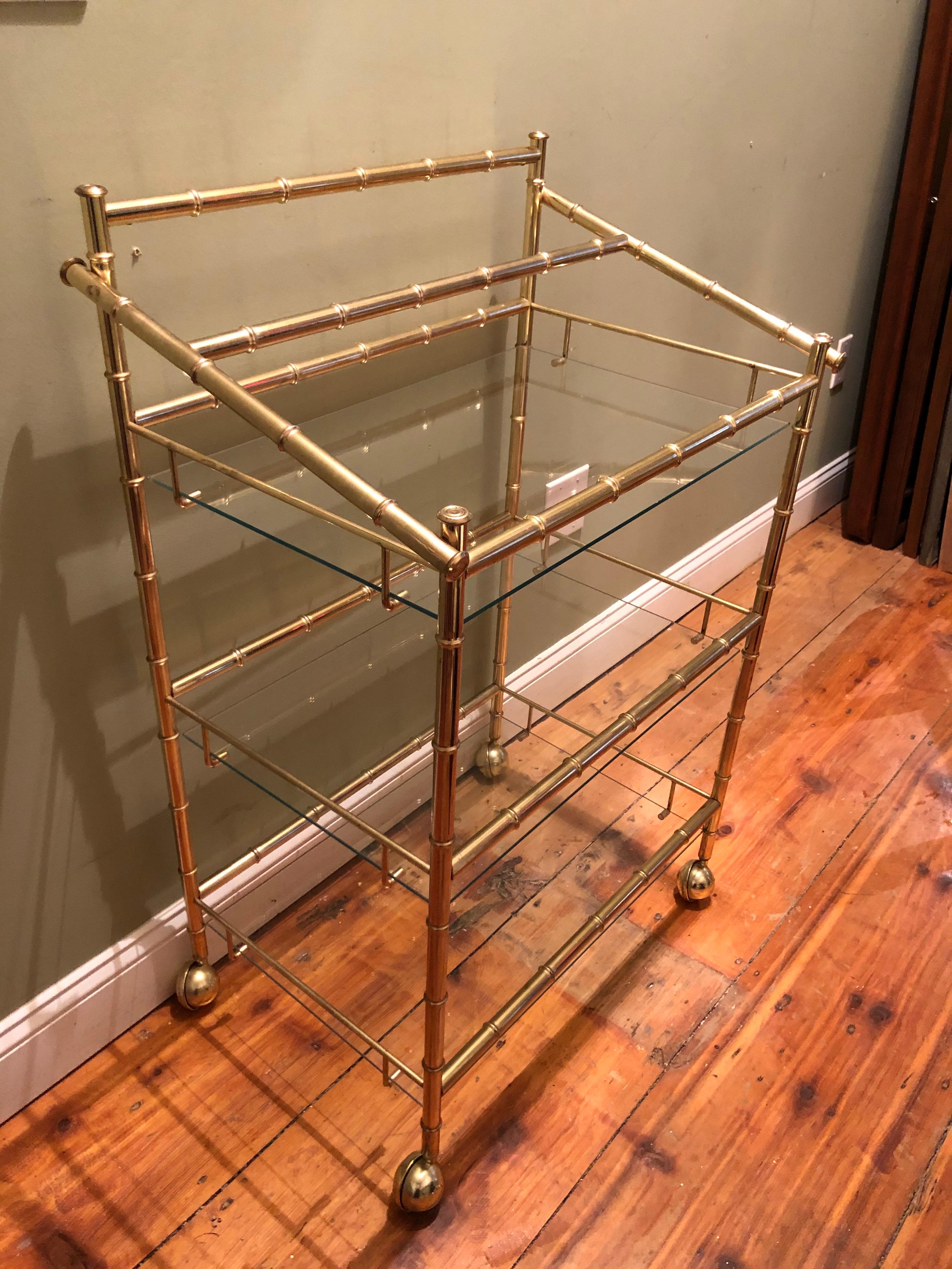 Three-Tiered Brass Bamboo Bar Cart In Excellent Condition In Redding, CT