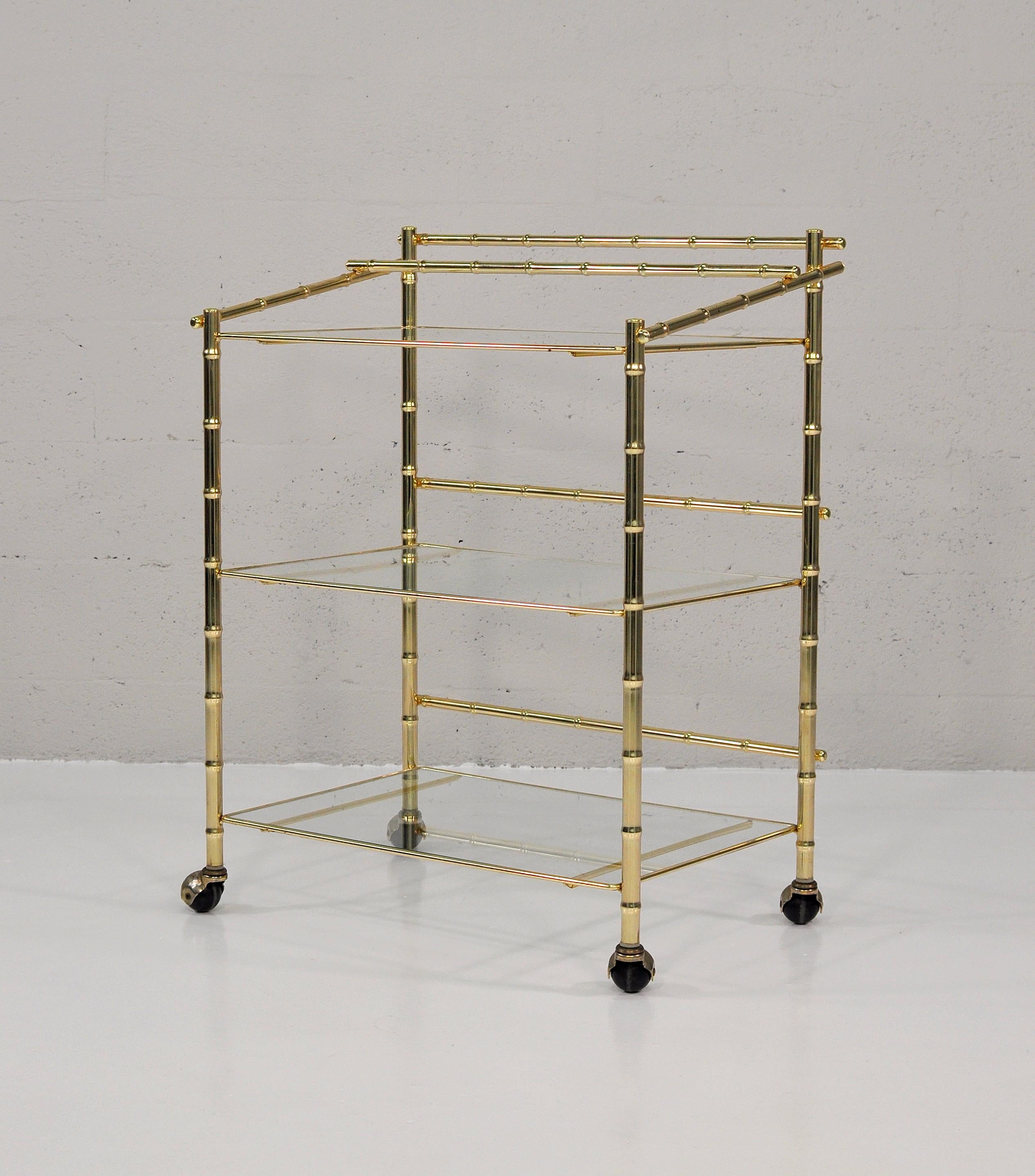 Three-Tiered Brass Bamboo Bar Cart In Good Condition For Sale In Miami, FL