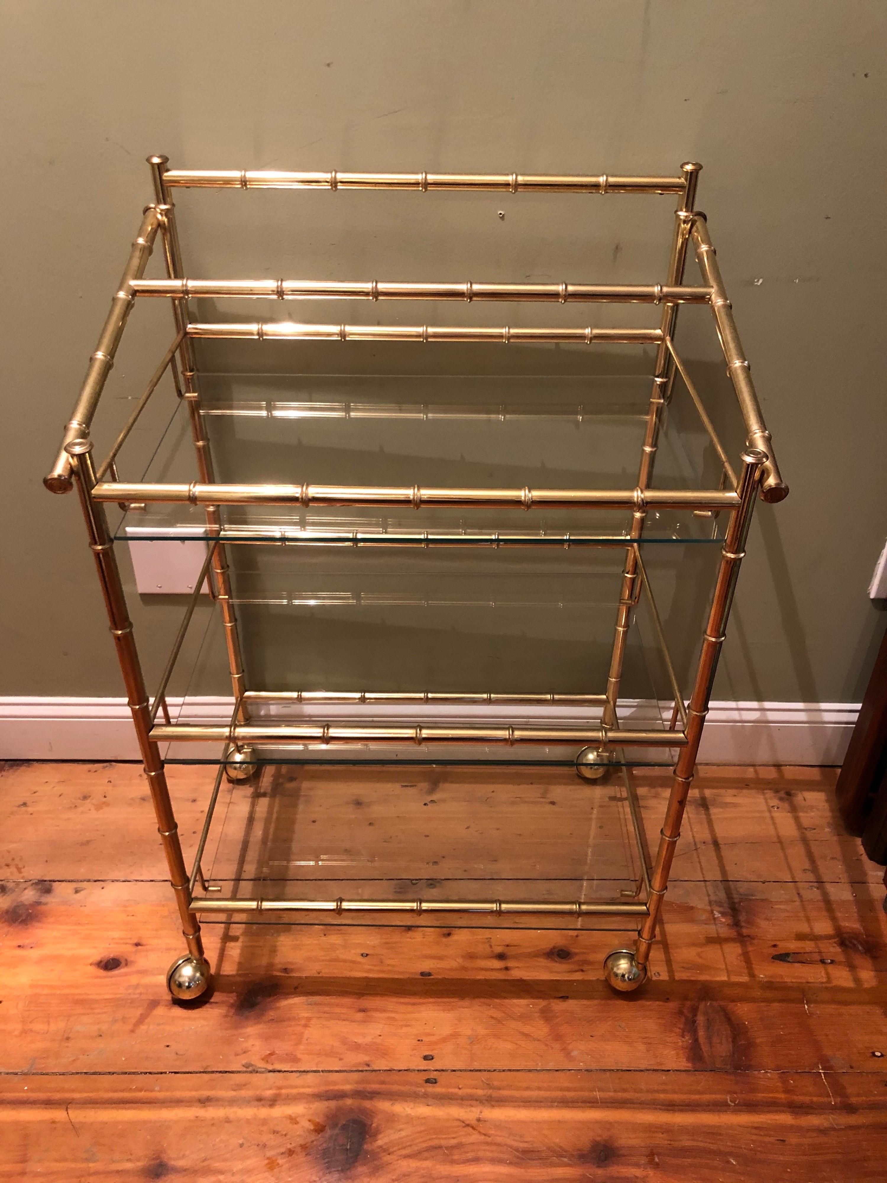 Late 20th Century Three-Tiered Brass Bamboo Bar Cart