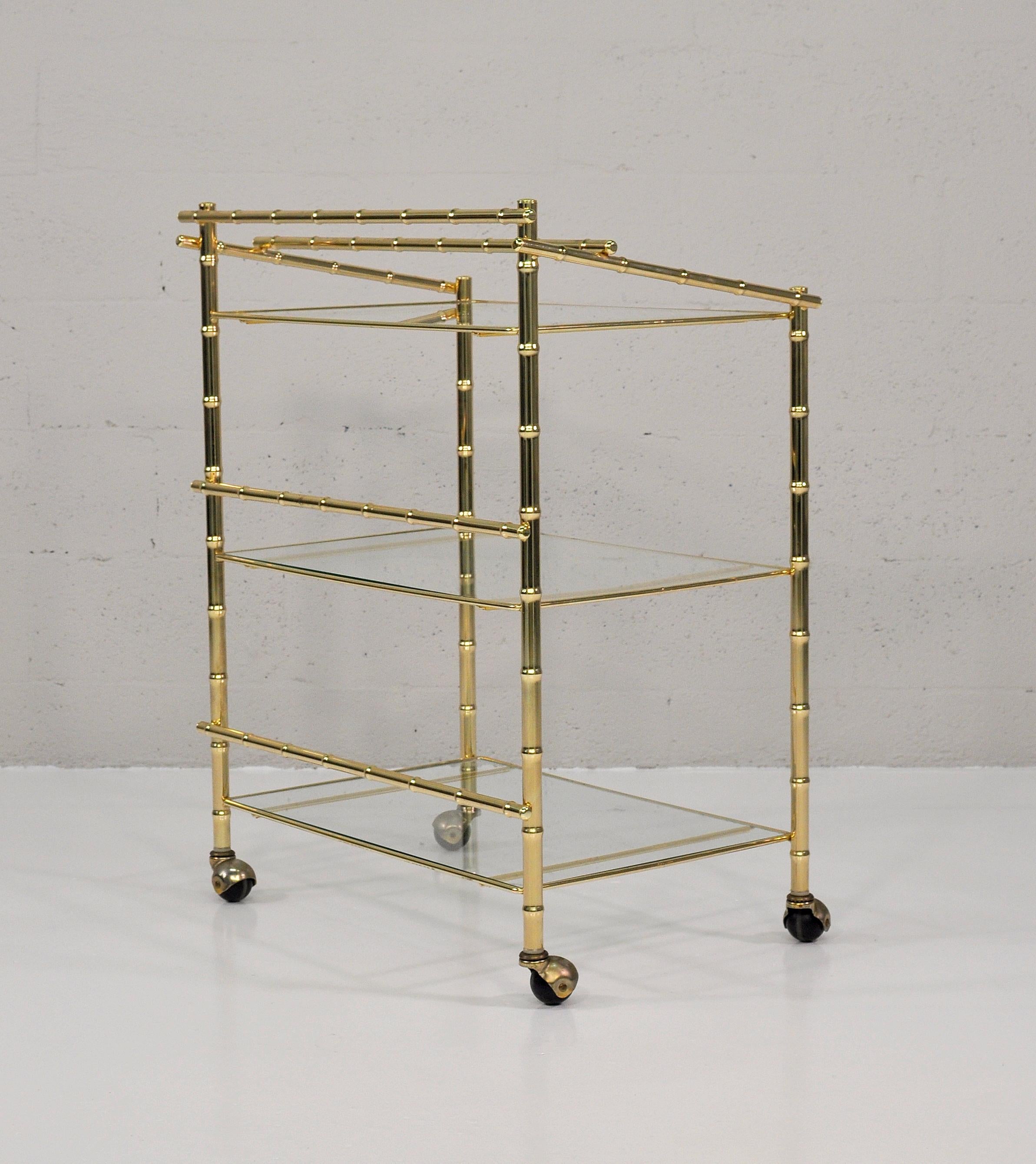 Late 20th Century Three-Tiered Brass Bamboo Bar Cart For Sale