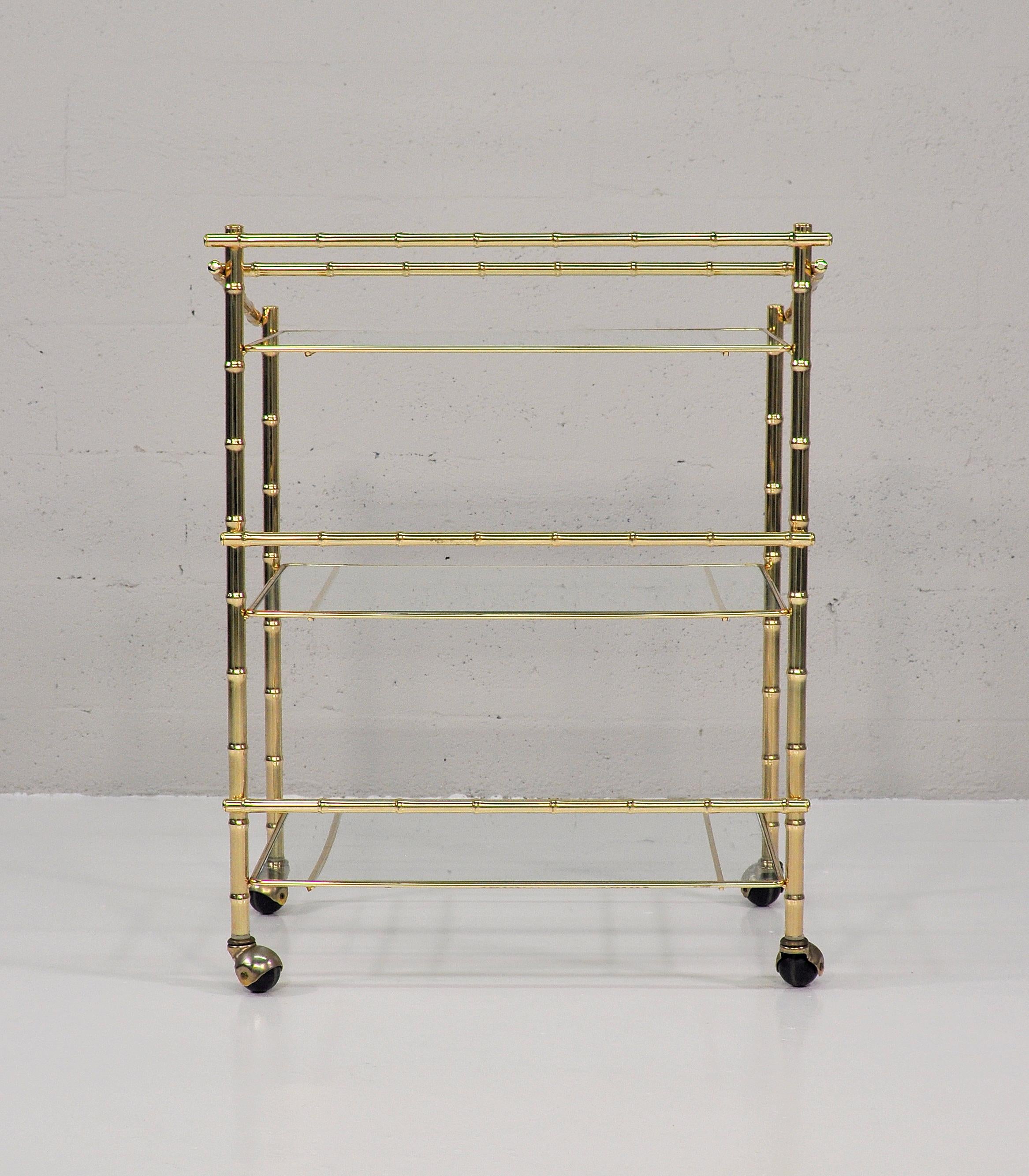 Three-Tiered Brass Bamboo Bar Cart For Sale 2