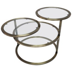 Three-Tiered Brass Coffee / Side Table with Adjustable Round Glass Shelves