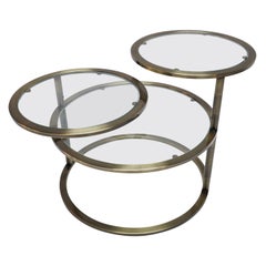 Three-Tiered Brass Coffee / Side Table with Adjustable Round Glass Shelves