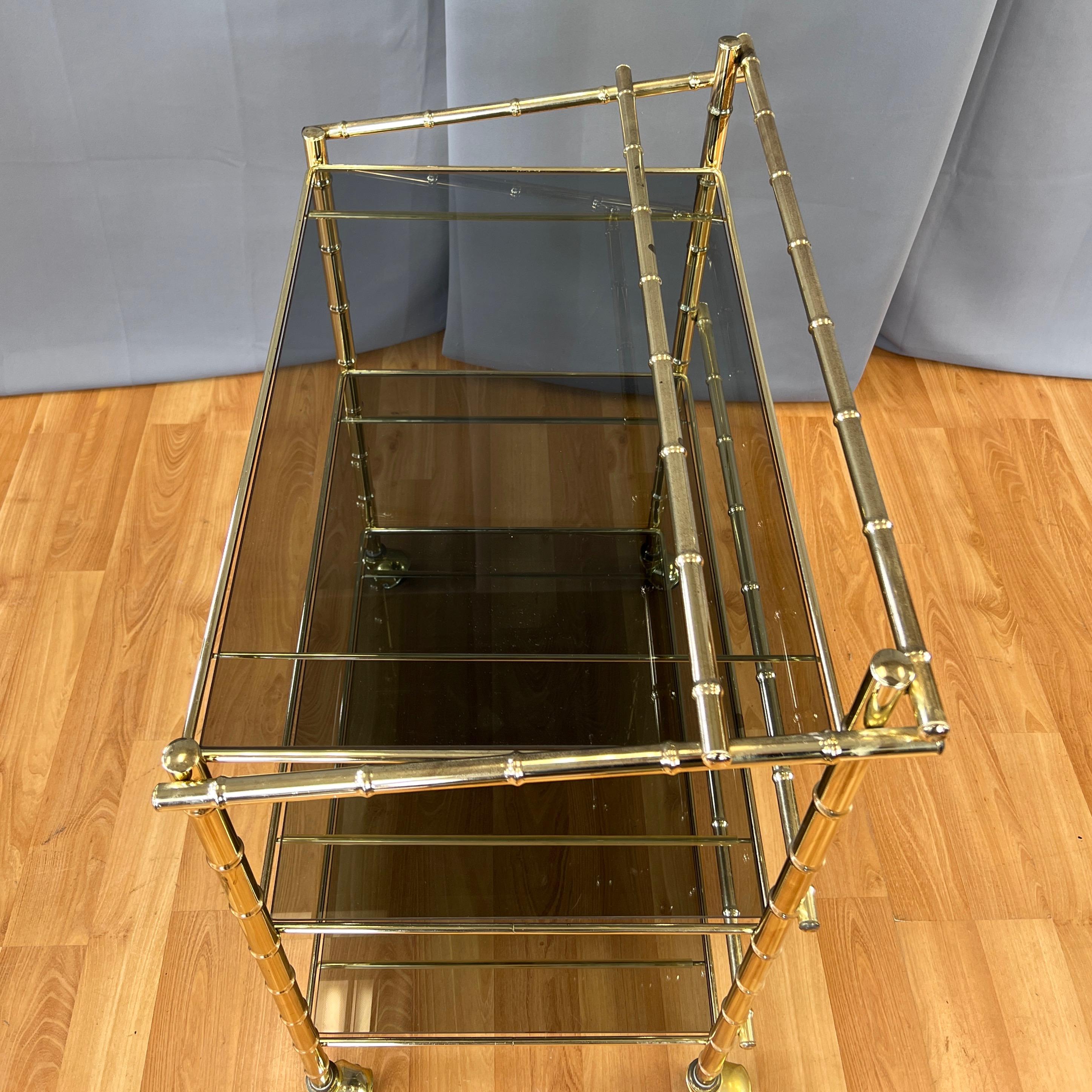 Three-Tiered Brass Faux Bamboo and Smoked Glass Bar Cart, 1970s For Sale 4