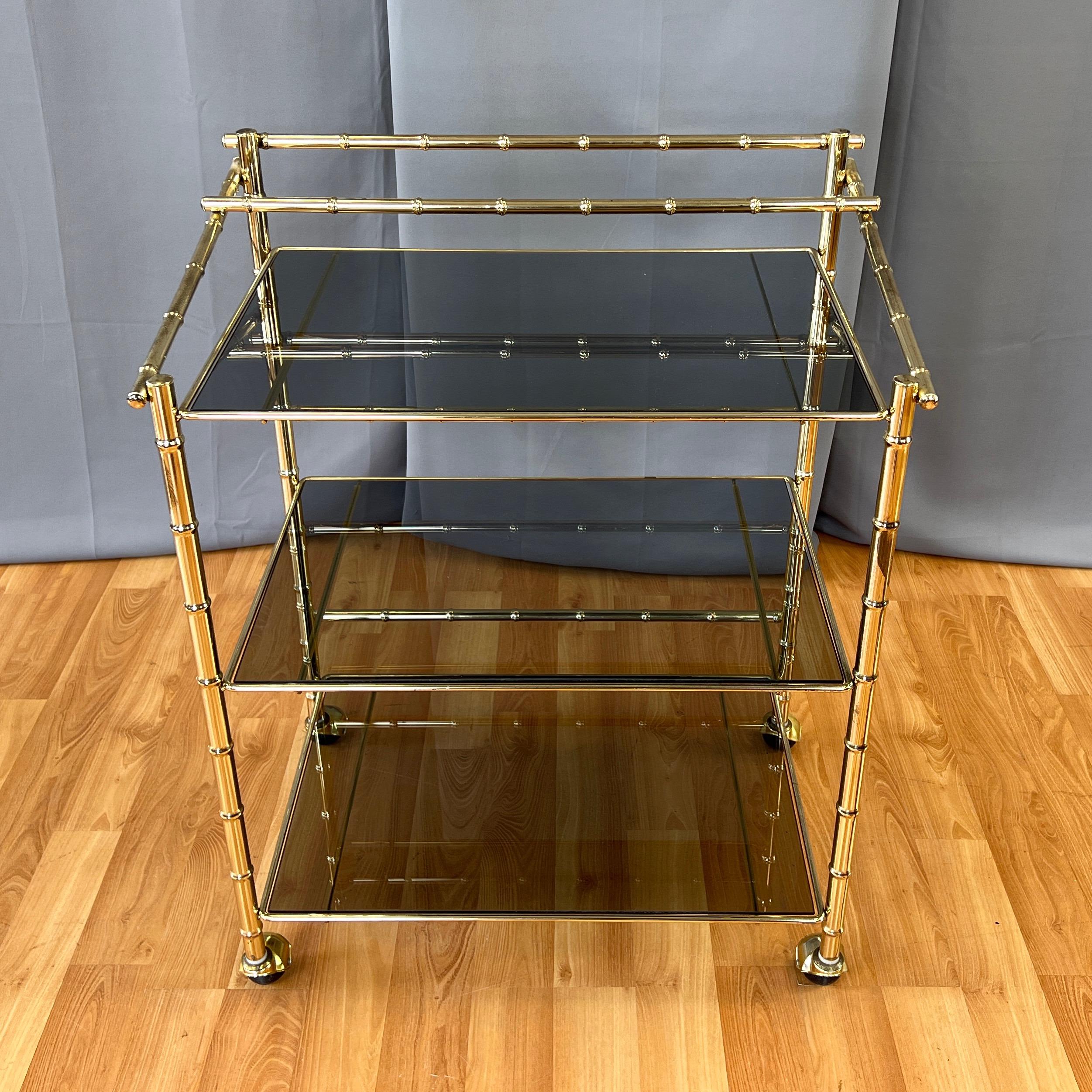 Three-Tiered Brass Faux Bamboo and Smoked Glass Bar Cart, 1970s For Sale 5