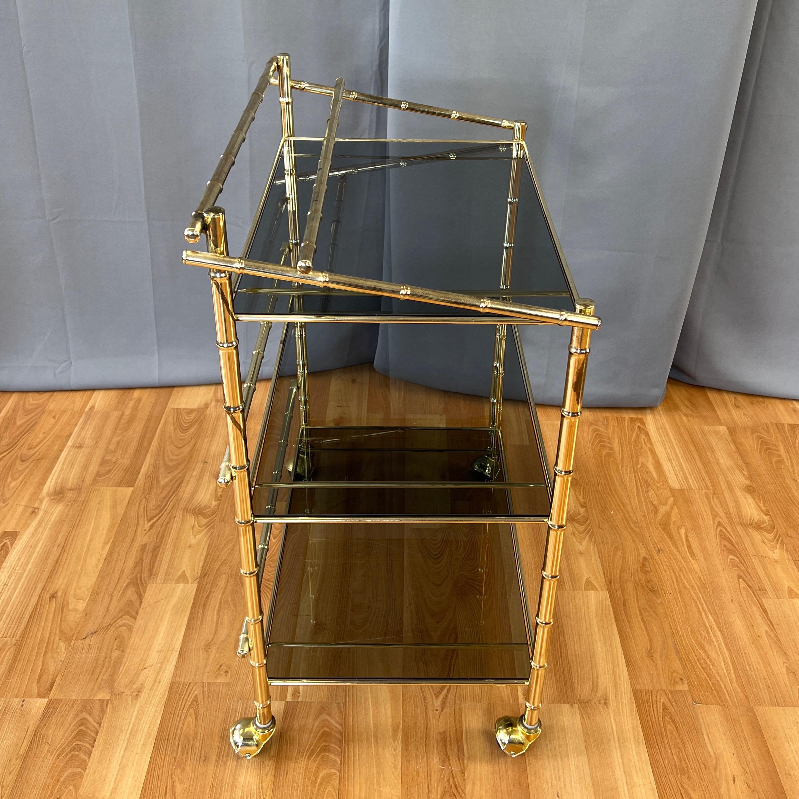 Three-Tiered Brass Faux Bamboo and Smoked Glass Bar Cart, 1970s For Sale 6