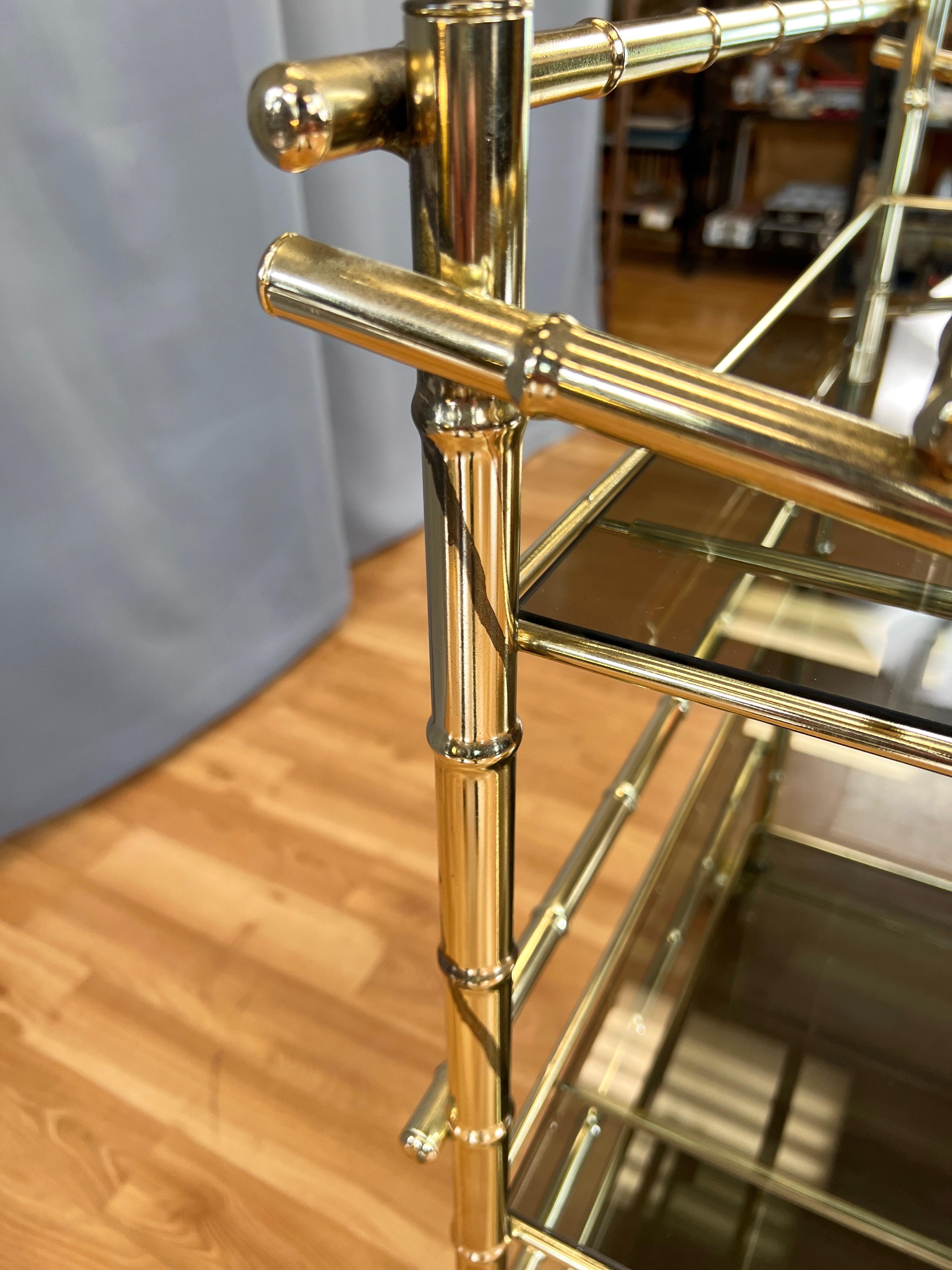 Three-Tiered Brass Faux Bamboo and Smoked Glass Bar Cart, 1970s For Sale 7