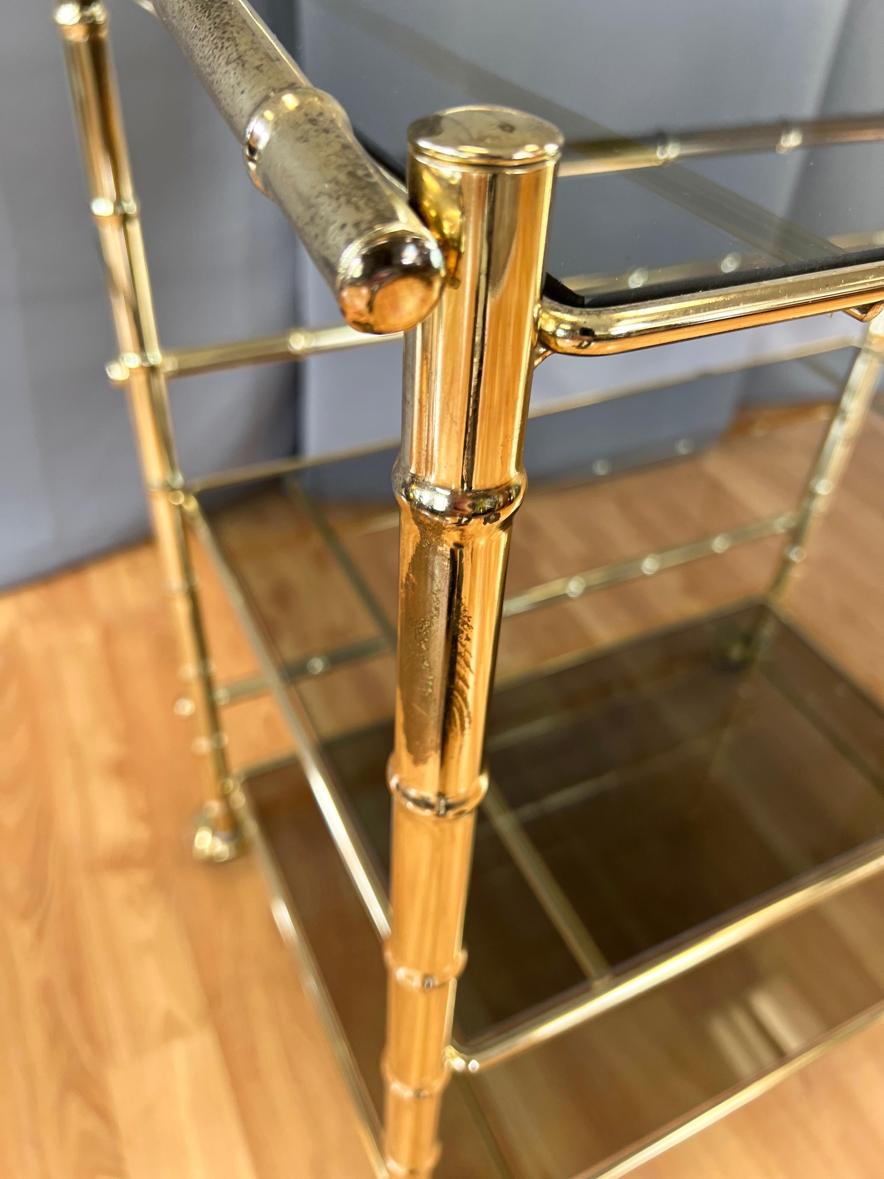 Three-Tiered Brass Faux Bamboo and Smoked Glass Bar Cart, 1970s For Sale 8