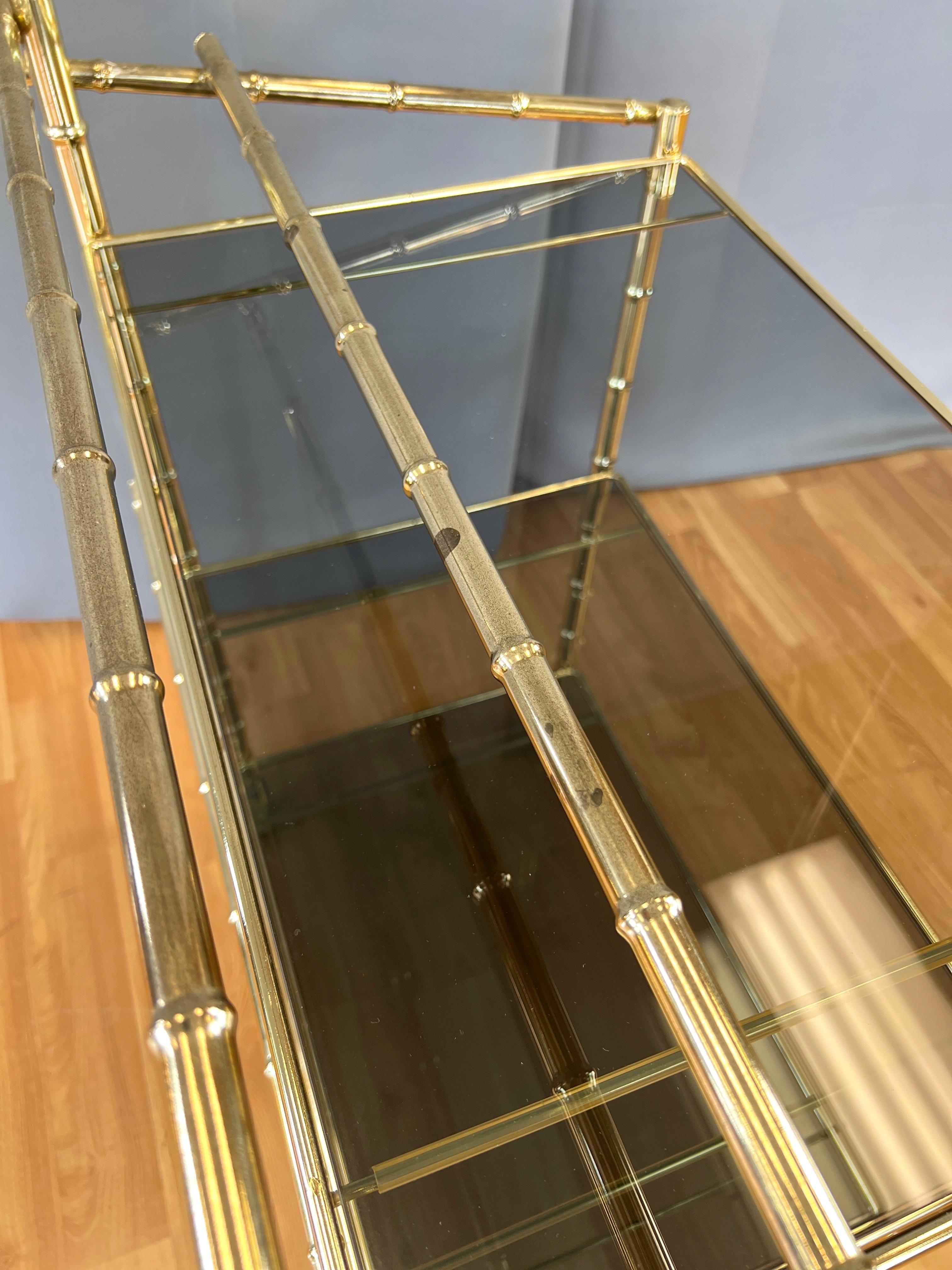 Three-Tiered Brass Faux Bamboo and Smoked Glass Bar Cart, 1970s For Sale 9