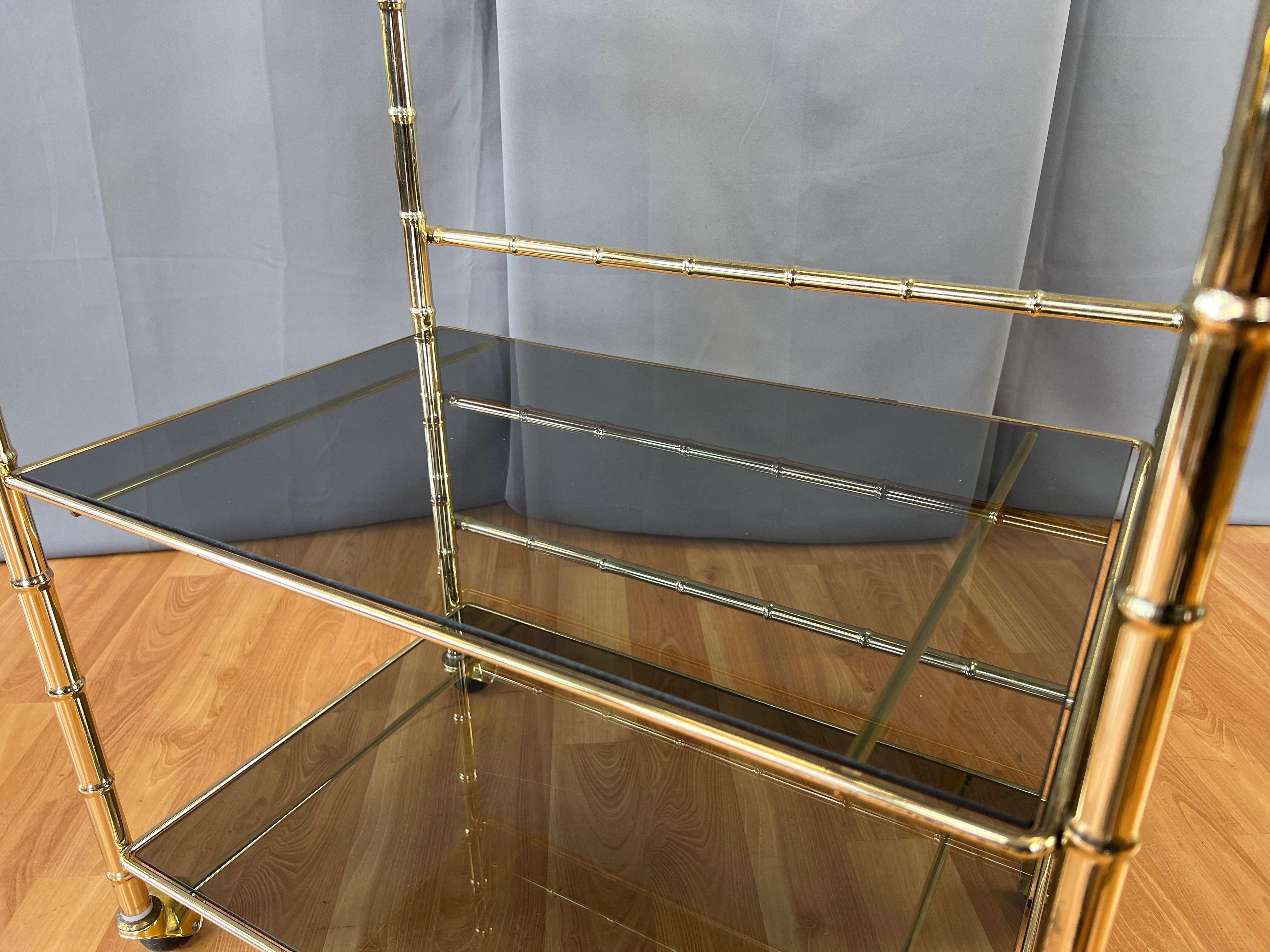 Three-Tiered Brass Faux Bamboo and Smoked Glass Bar Cart, 1970s For Sale 10