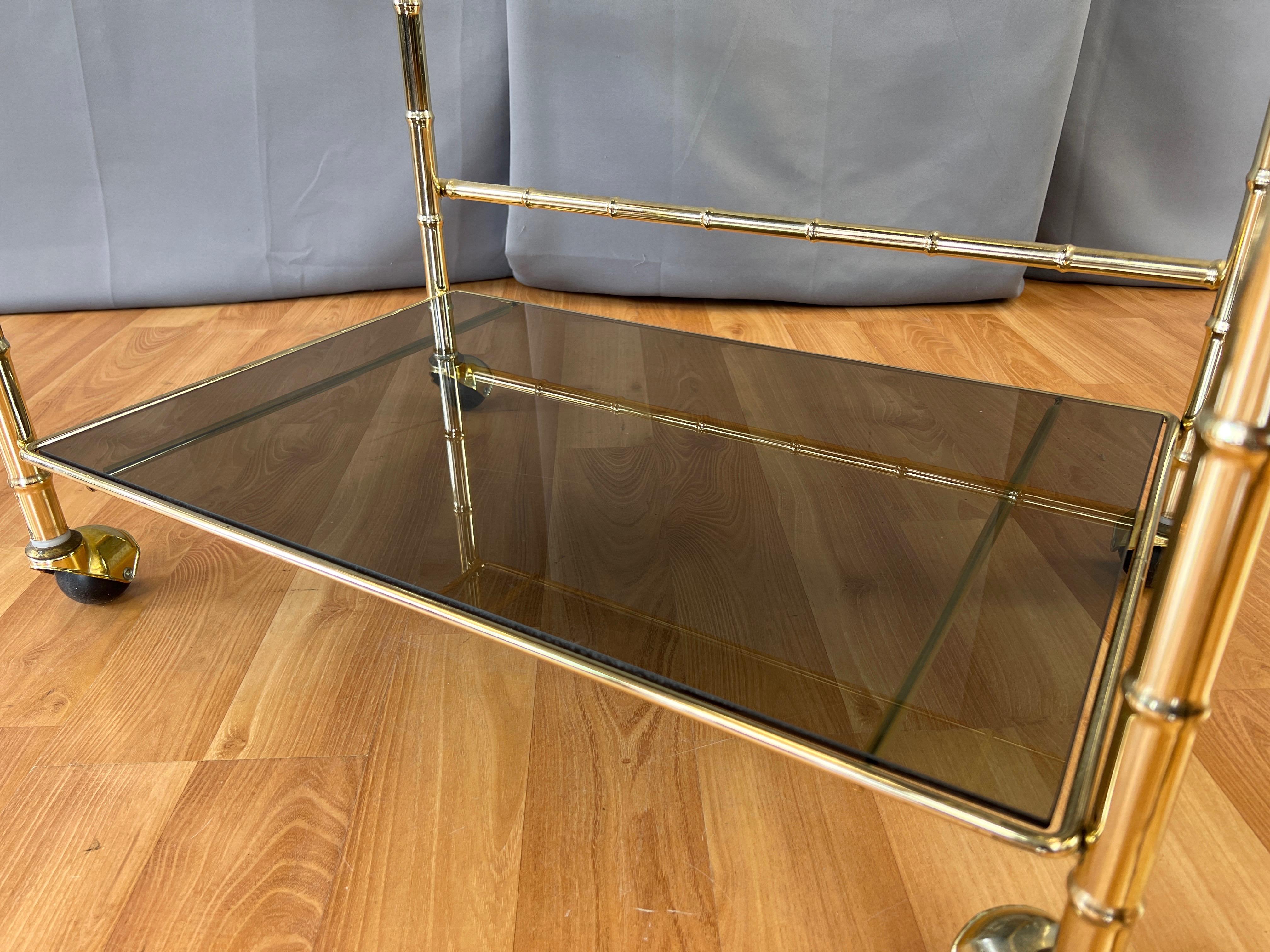 Three-Tiered Brass Faux Bamboo and Smoked Glass Bar Cart, 1970s For Sale 11