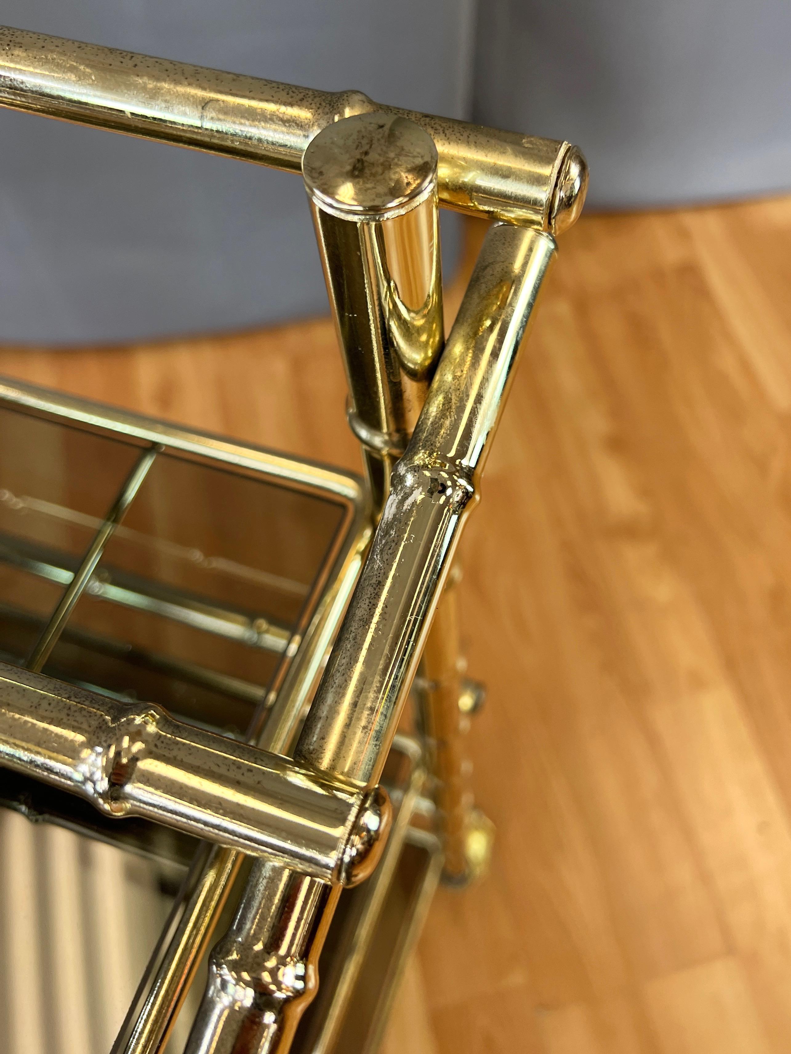 Three-Tiered Brass Faux Bamboo and Smoked Glass Bar Cart, 1970s For Sale 14