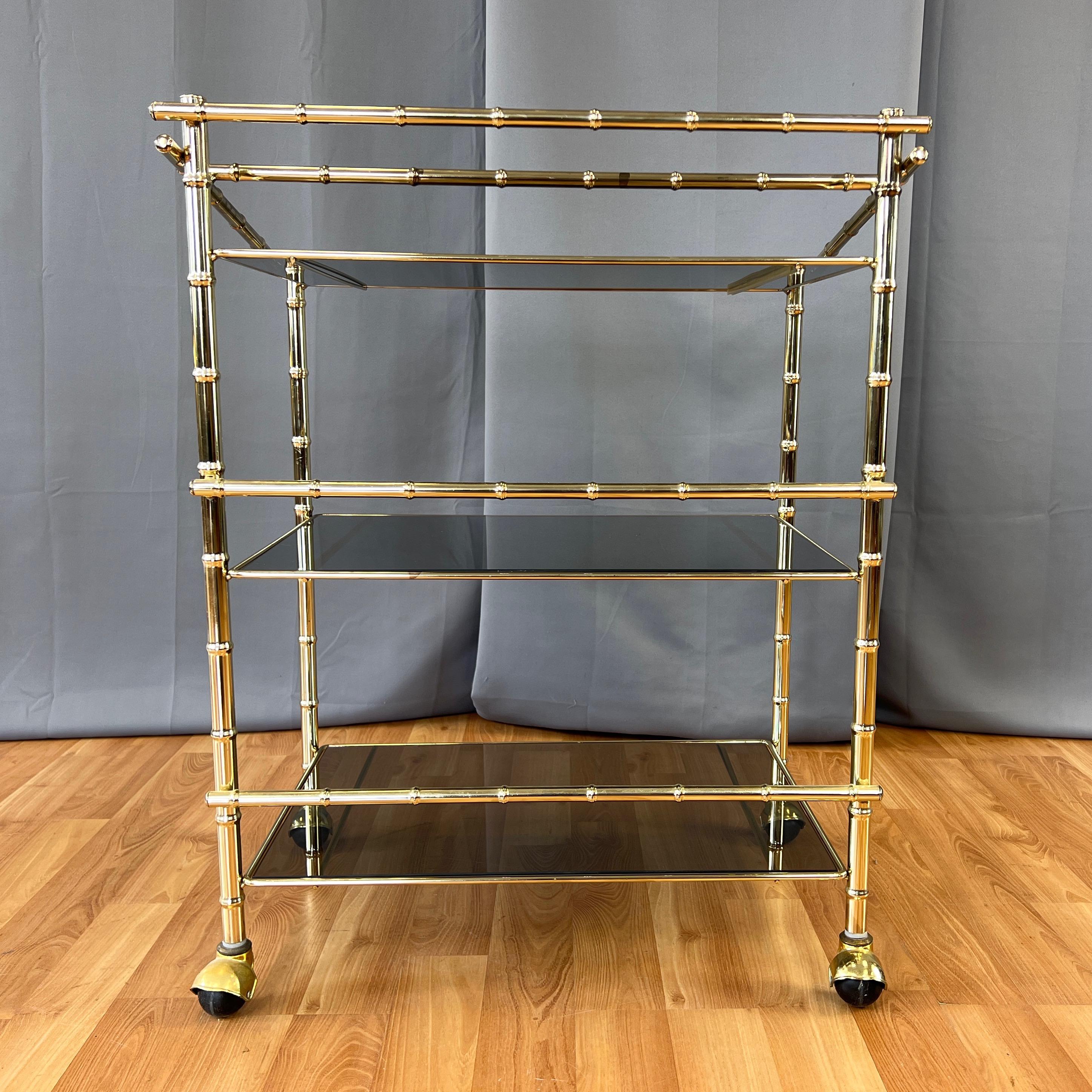 Three-Tiered Brass Faux Bamboo and Smoked Glass Bar Cart, 1970s For Sale 1