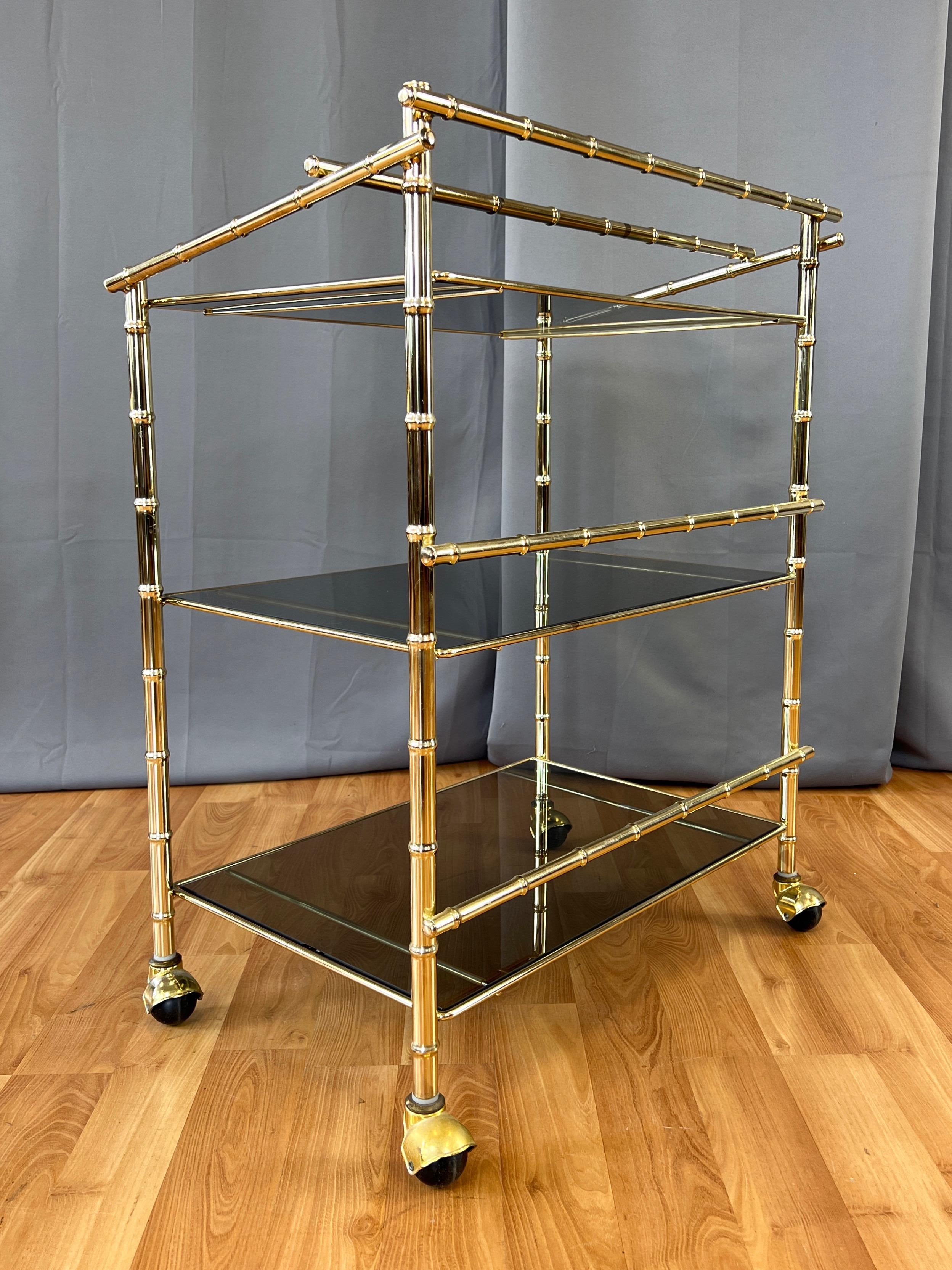 Three-Tiered Brass Faux Bamboo and Smoked Glass Bar Cart, 1970s For Sale 2