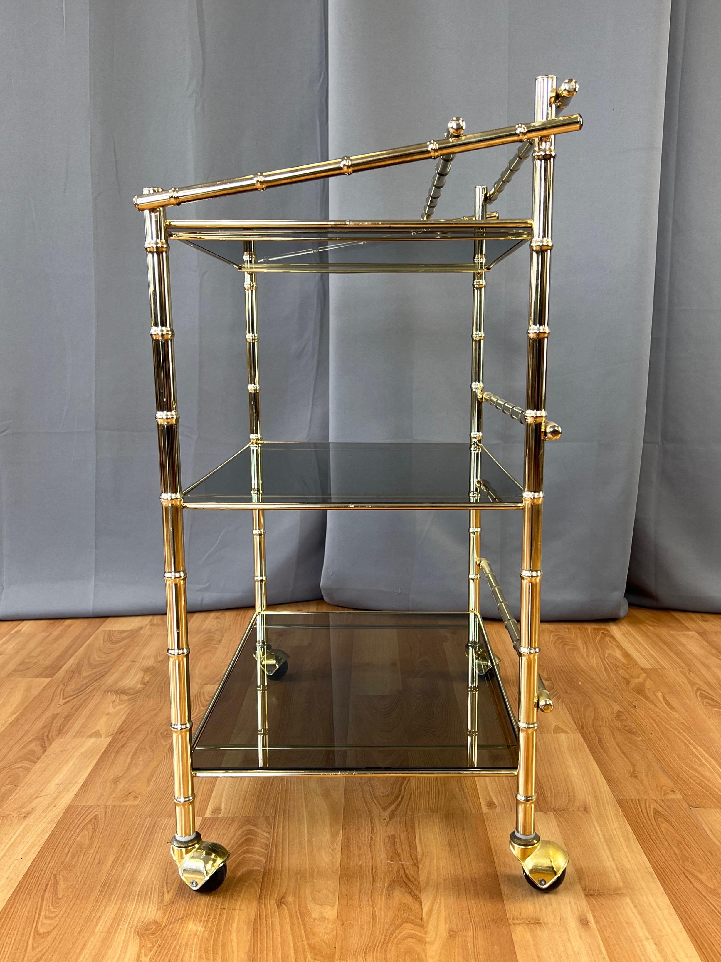 Three-Tiered Brass Faux Bamboo and Smoked Glass Bar Cart, 1970s For Sale 3