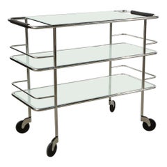 Three-Tiered Chrome, Glass and Leather Bar Cart