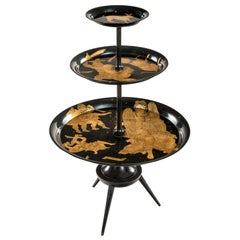 Three Tiered Circular Gold and Black Zodiac Étagère by Fornasetti, Italian