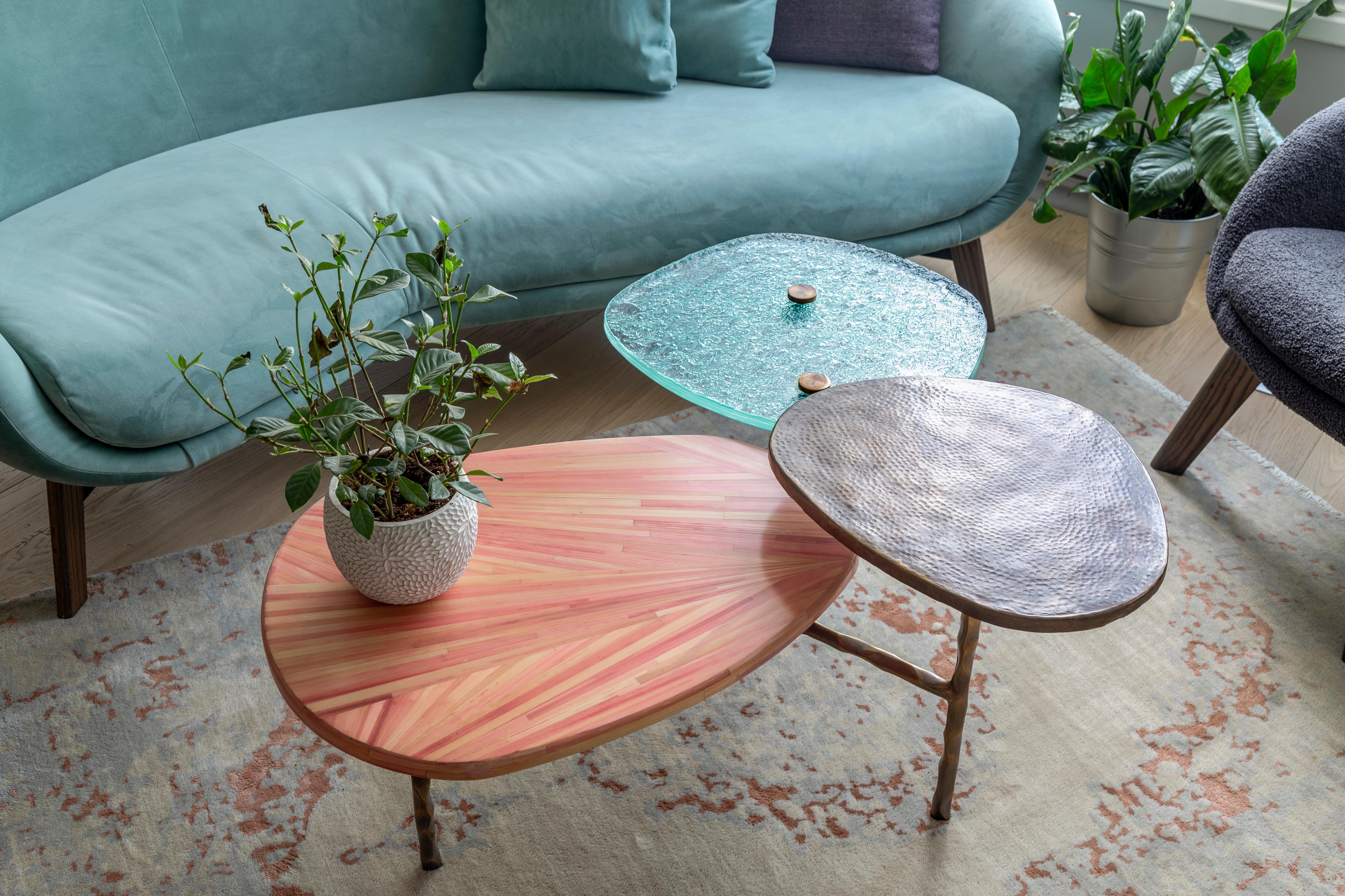 Three-Tiered Coffee Table with Hand-Laid Bronze, Brass & Custom-Made Glass For Sale 4