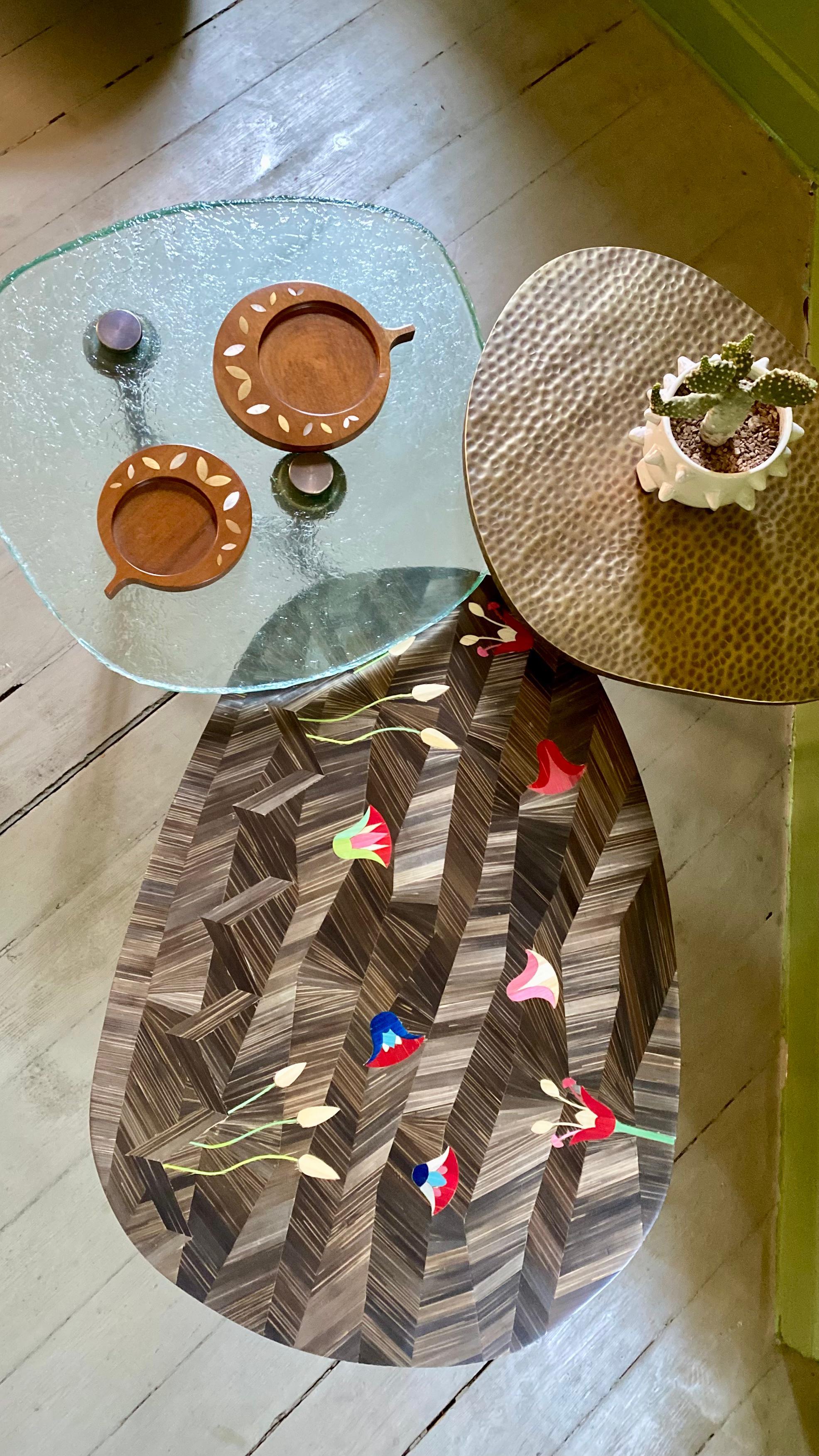 Three-Tiered Coffee Table with Hand-Laid Bronze, Brass & Custom-Made Glass For Sale 7