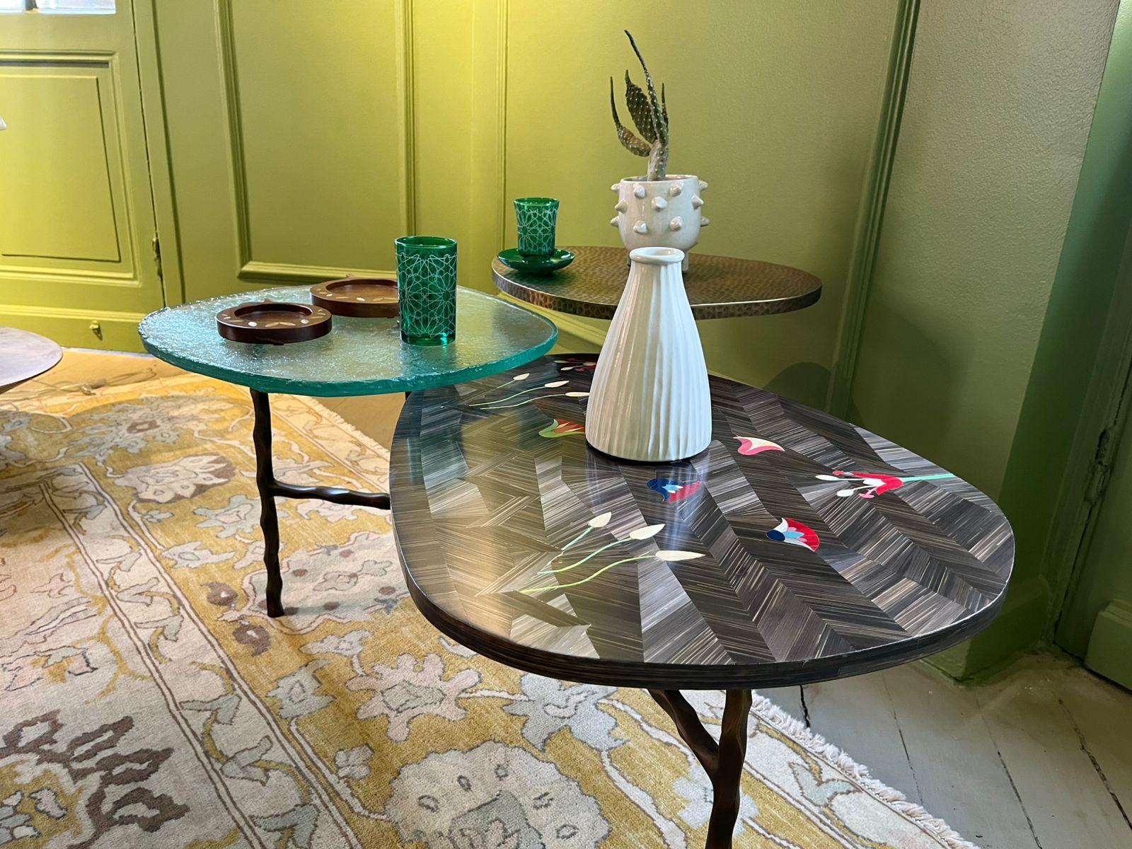 Three-Tiered Coffee Table with Hand-Laid Bronze, Brass & Custom-Made Glass For Sale 11