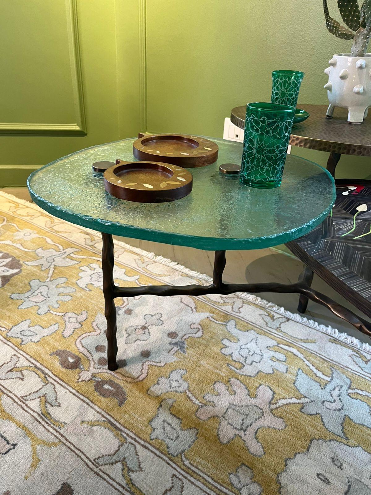 Three-Tiered Coffee Table with Hand-Laid Bronze, Brass & Custom-Made Glass For Sale 12
