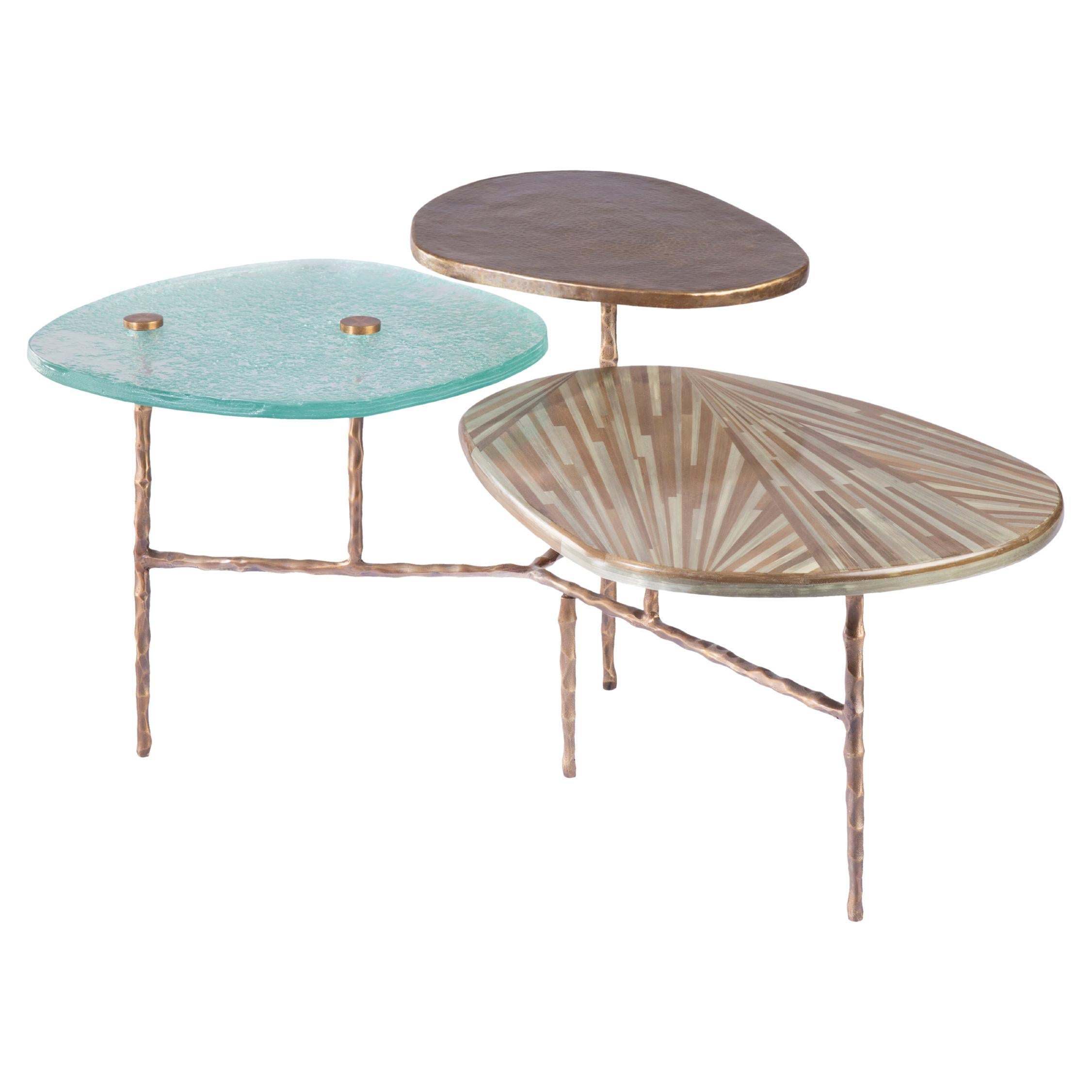 Three-Tiered Coffee Table with Hand-Laid Bronze, Brass & Custom-Made Glass