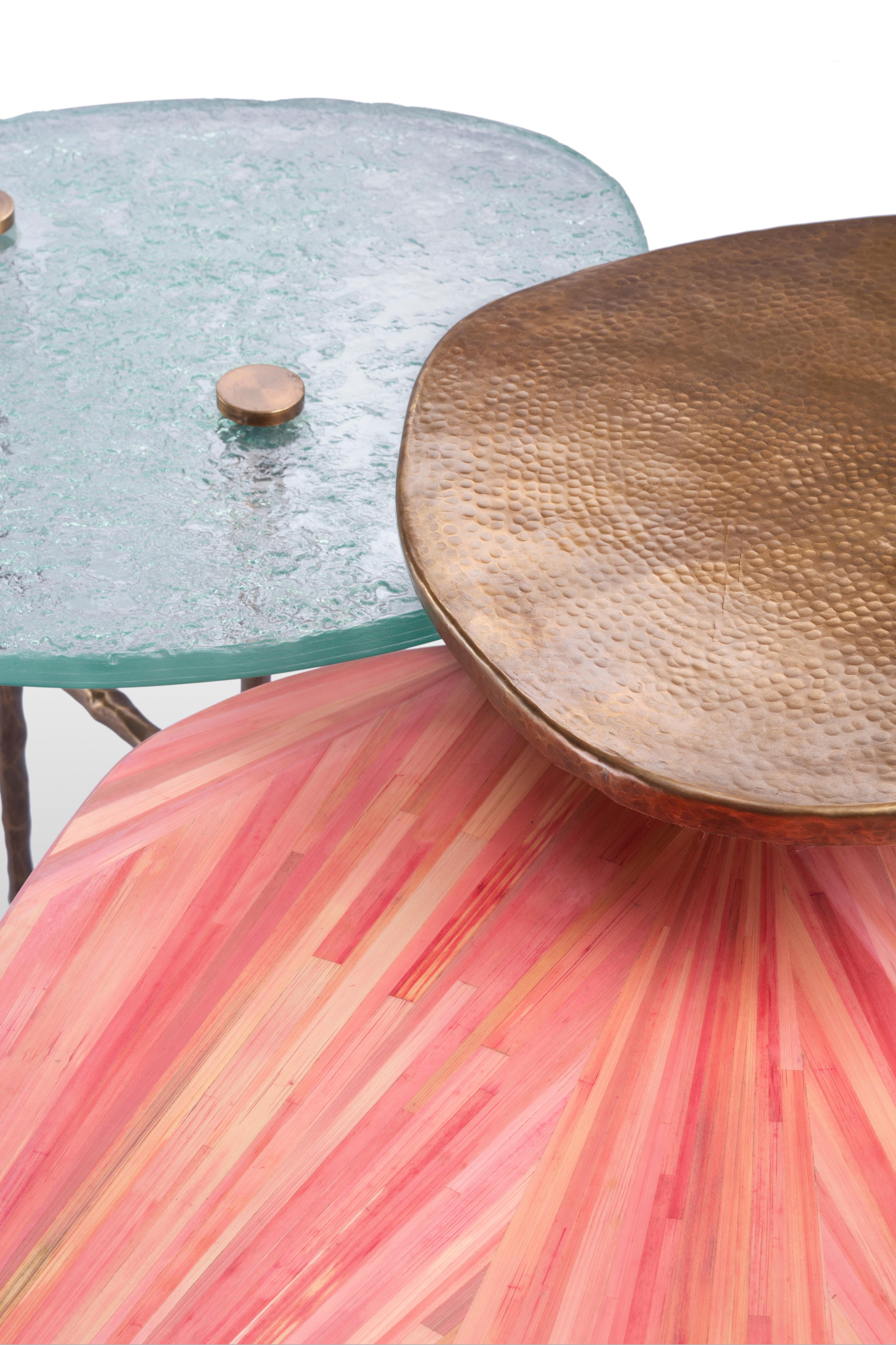 Modern Three-Tiered Coffee Table with Hand-Laid Pink Straw, Brass & Custom-Made Glass For Sale