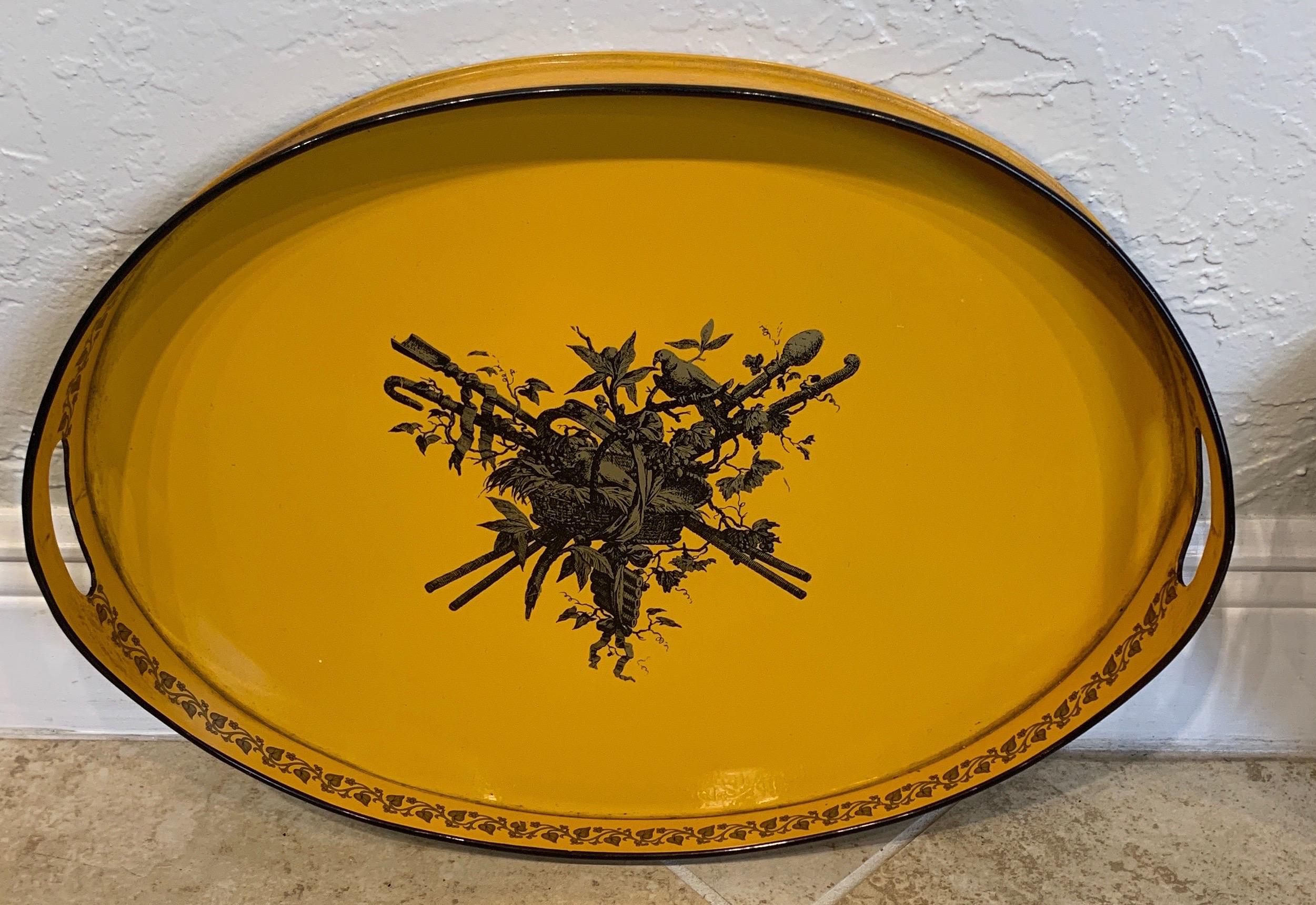 Late 20th Century Three-Tiered Italian Yellow Tole and Stenciled Tray Stand