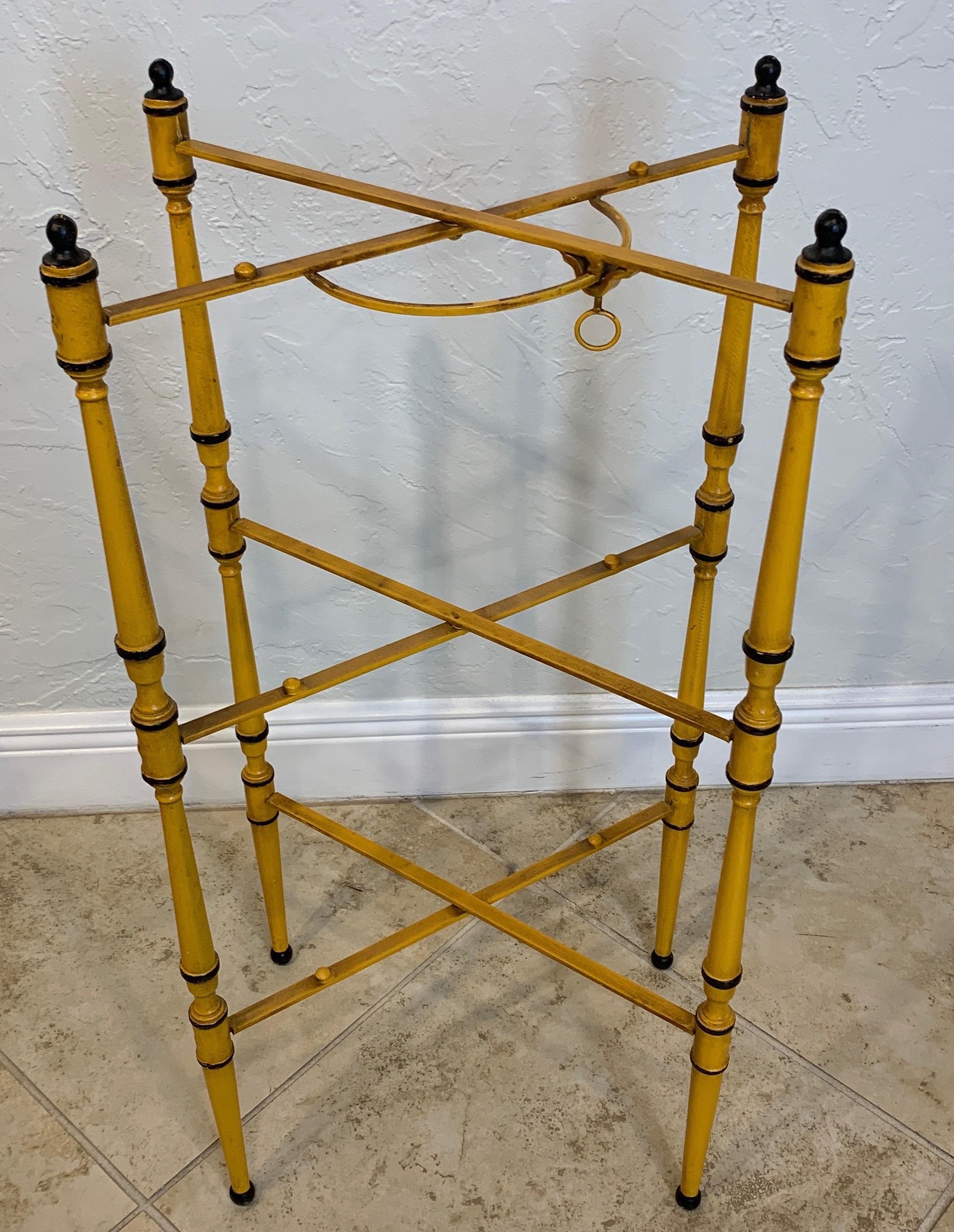 Metal Three-Tiered Italian Yellow Tole and Stenciled Tray Stand