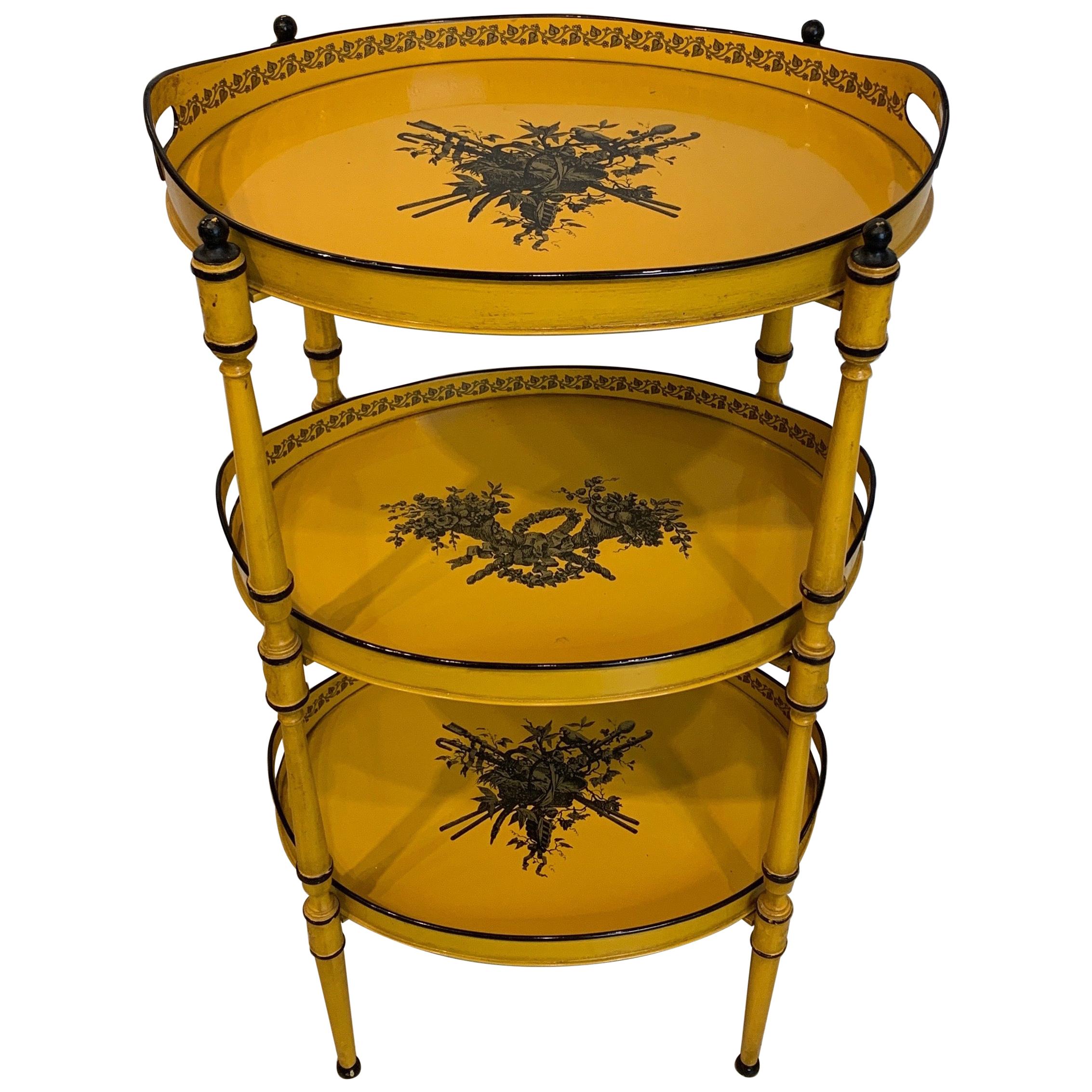 Three-Tiered Italian Yellow Tole and Stenciled Tray Stand