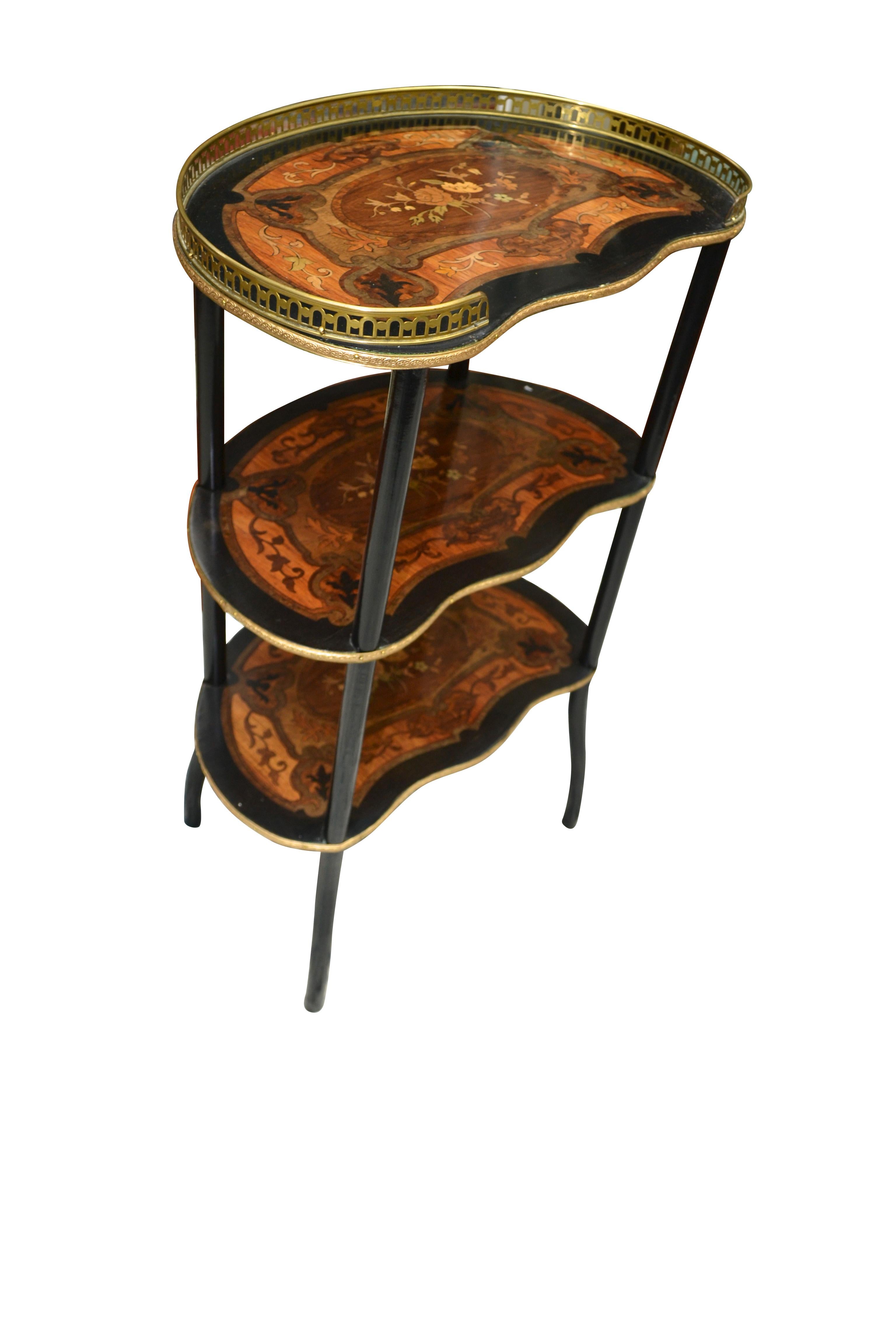 Fruitwood Three-Tiered Napoleon III French Marquetry Kidney shaped Desert Table