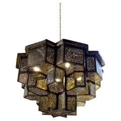 Three Tiered Perforated Brass Cubes Chandelier, Morocco, Contemporary