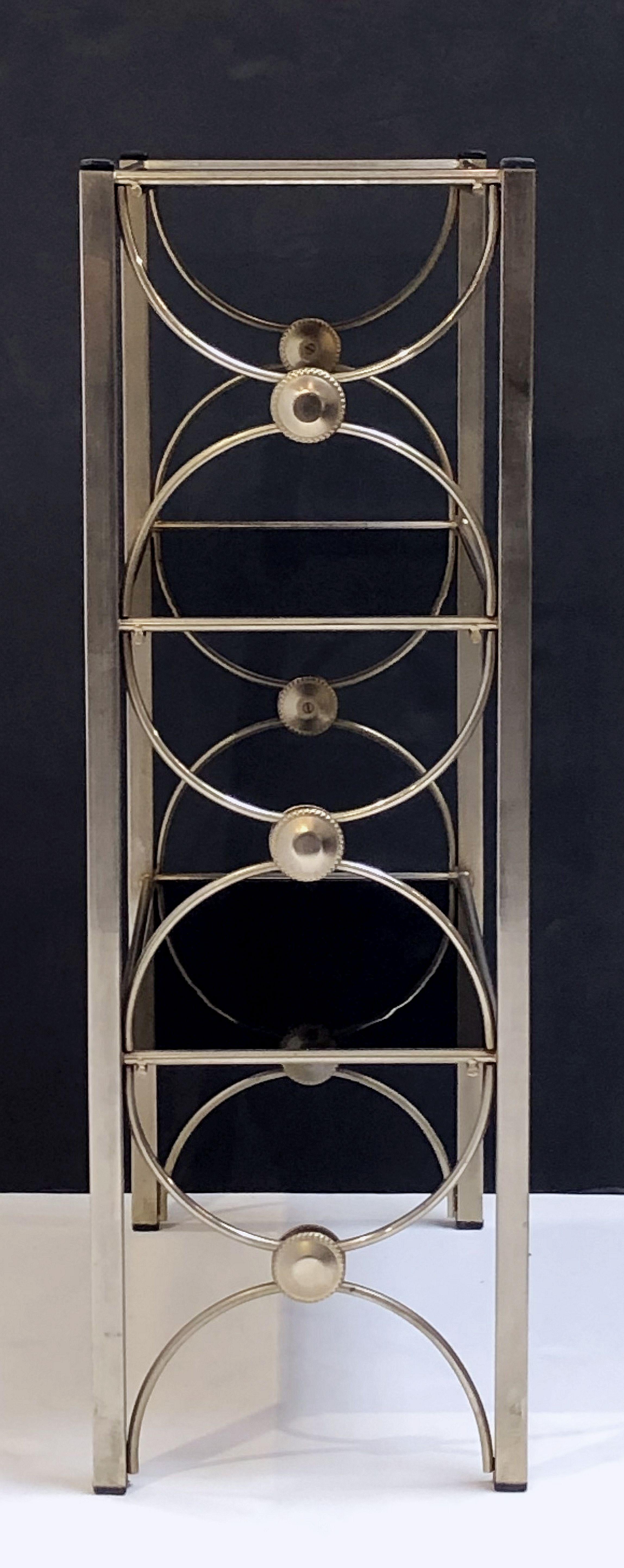 Brushed Three-Tiered Shelves or Étagère of Metal and Black Glass