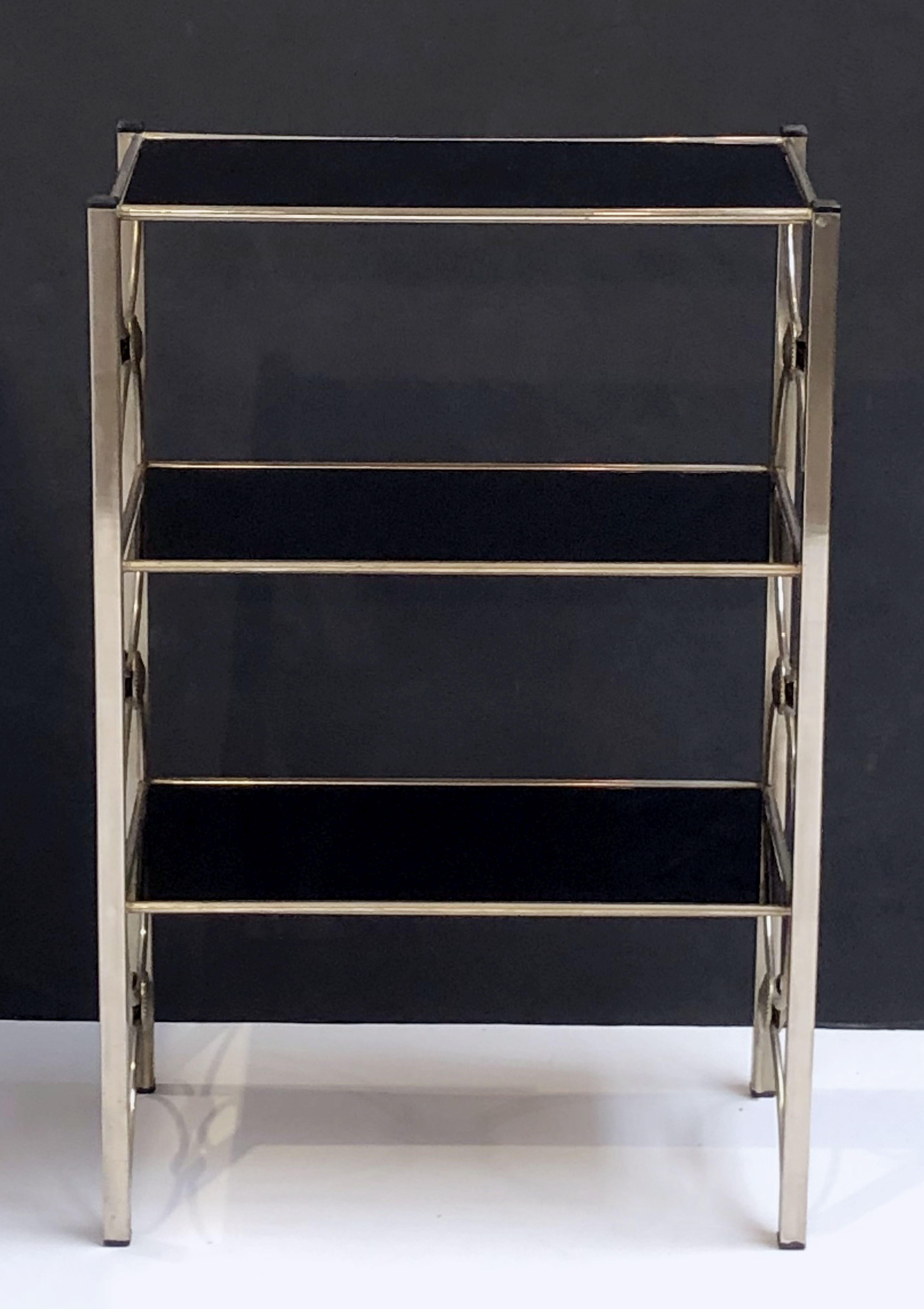 Three-Tiered Shelves or Étagère of Metal and Black Glass In Good Condition In Austin, TX
