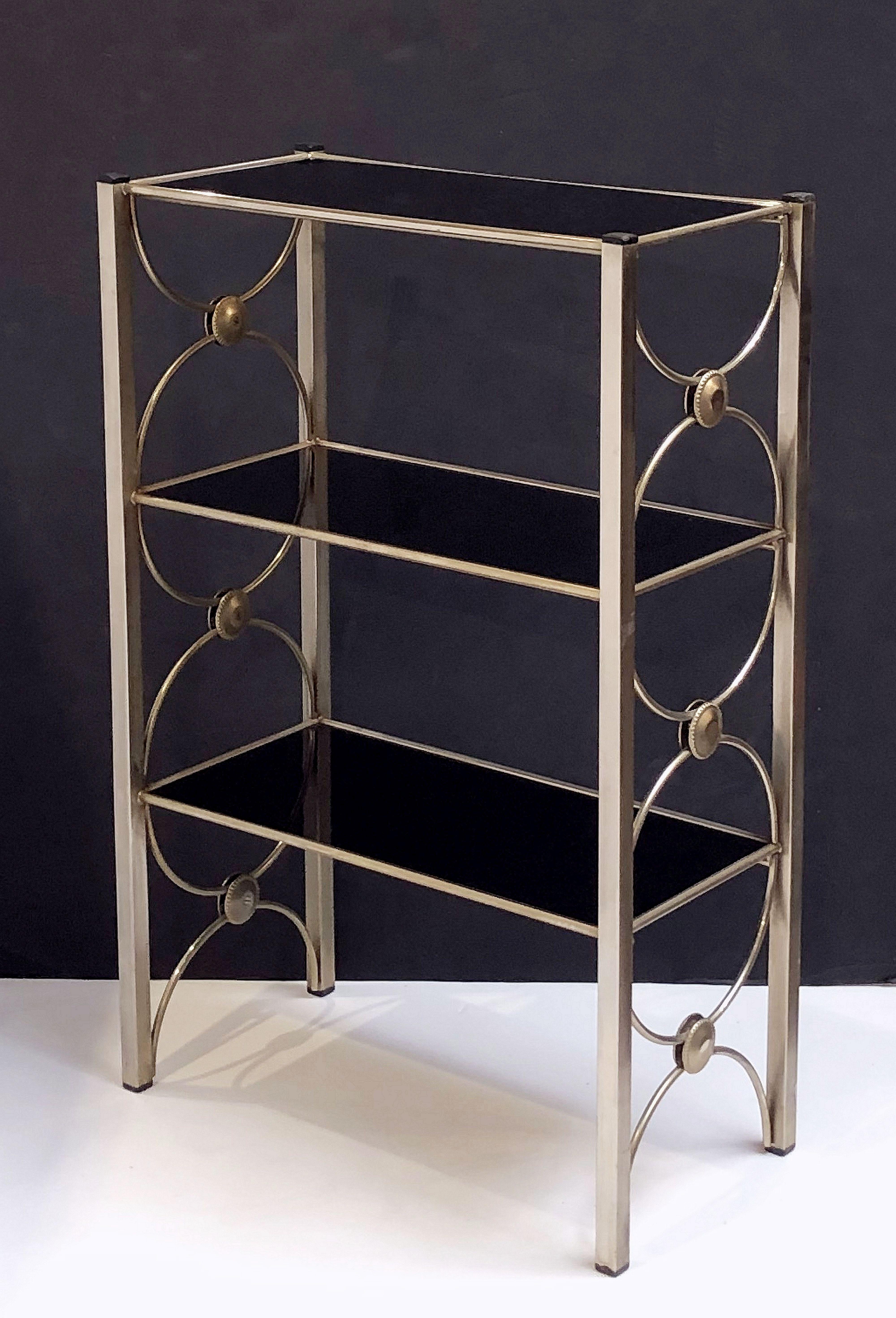 Three-Tiered Shelves or Étagère of Metal and Black Glass 1