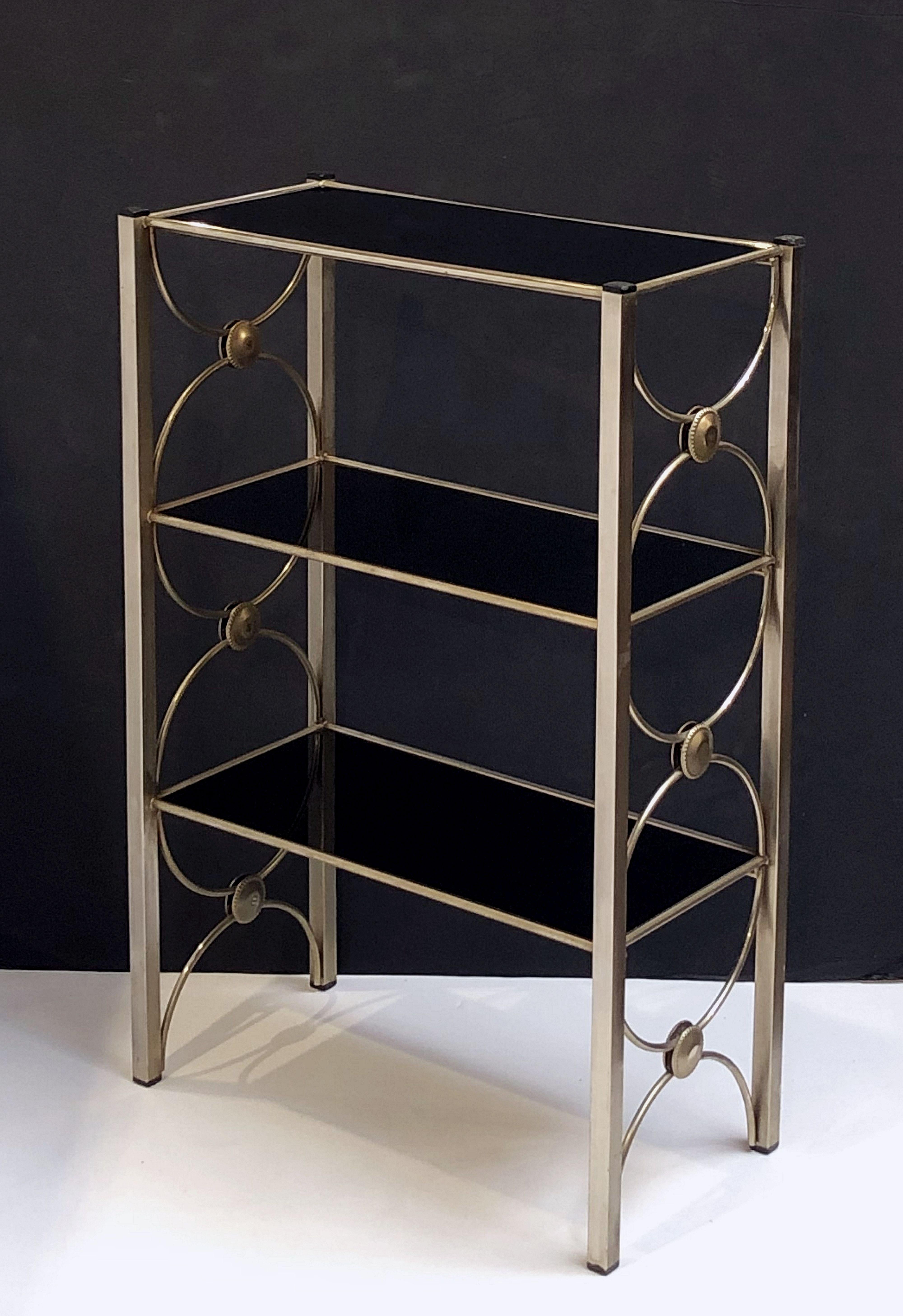 Three-Tiered Shelves or Étagère of Metal and Black Glass 2