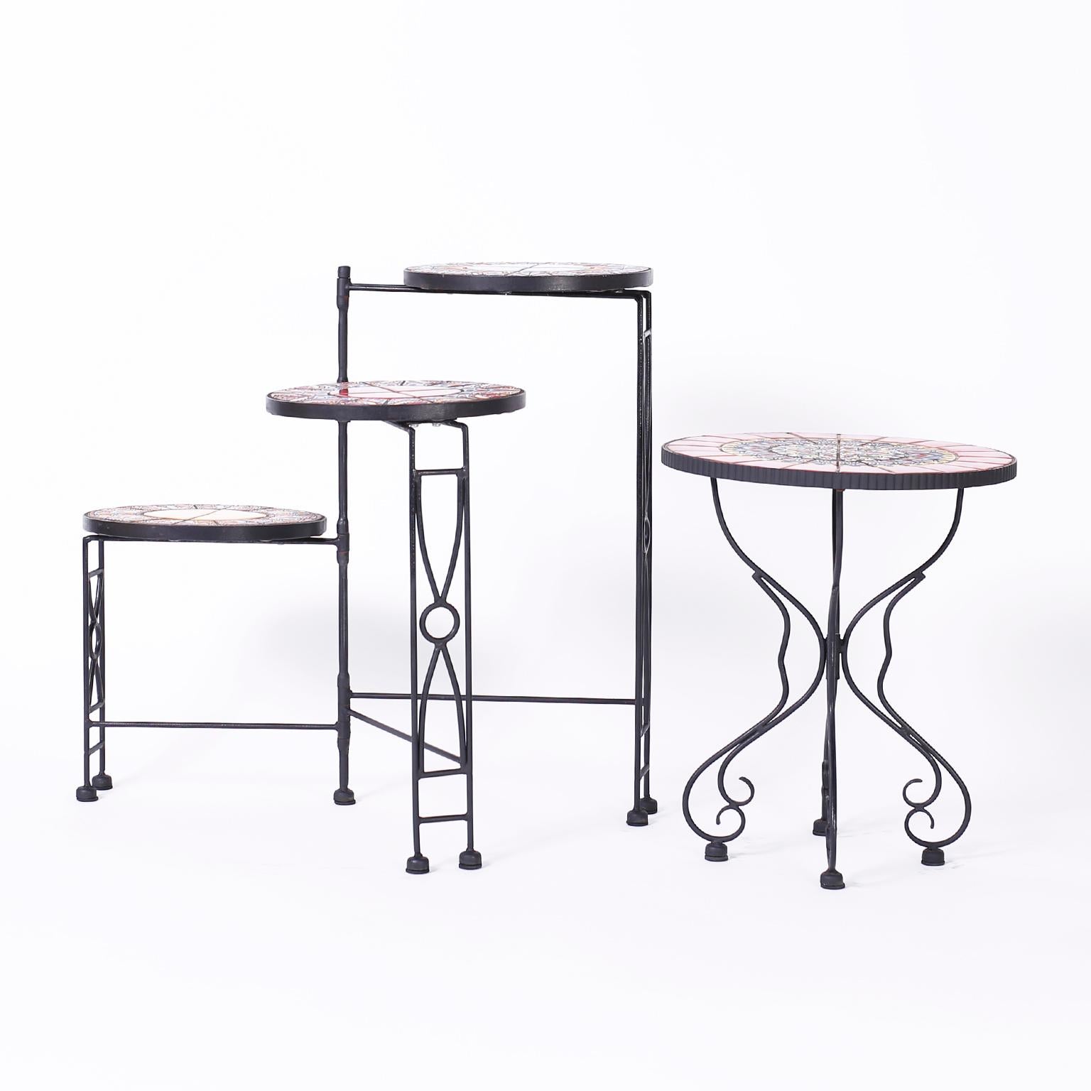 French Provincial Three-Tiered Tile Top and Iron Plant Stand