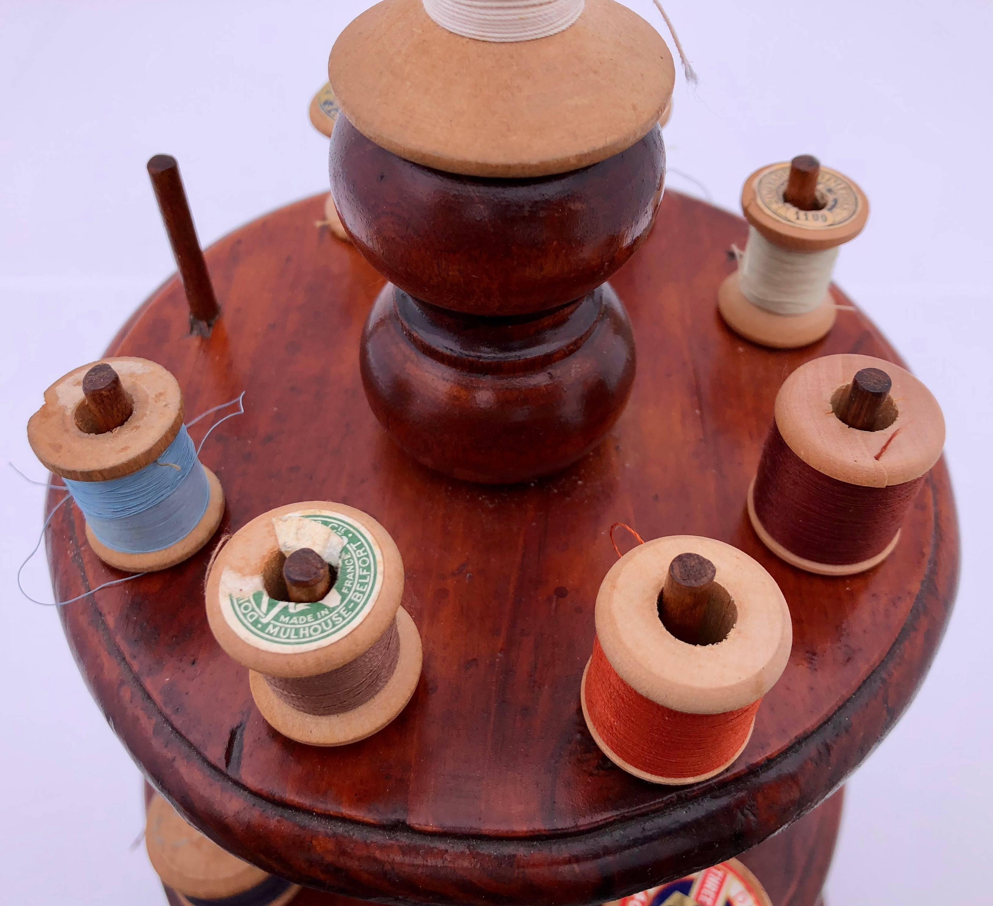 Three-Tiered Wooden Circular Thread Spool Caddy with Curved Detail Early 1900s In Good Condition For Sale In Petaluma, CA