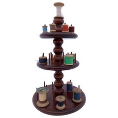 Antique Three-Tiered Wooden Circular Thread Spool Caddy with Curved Detail Early 1900s