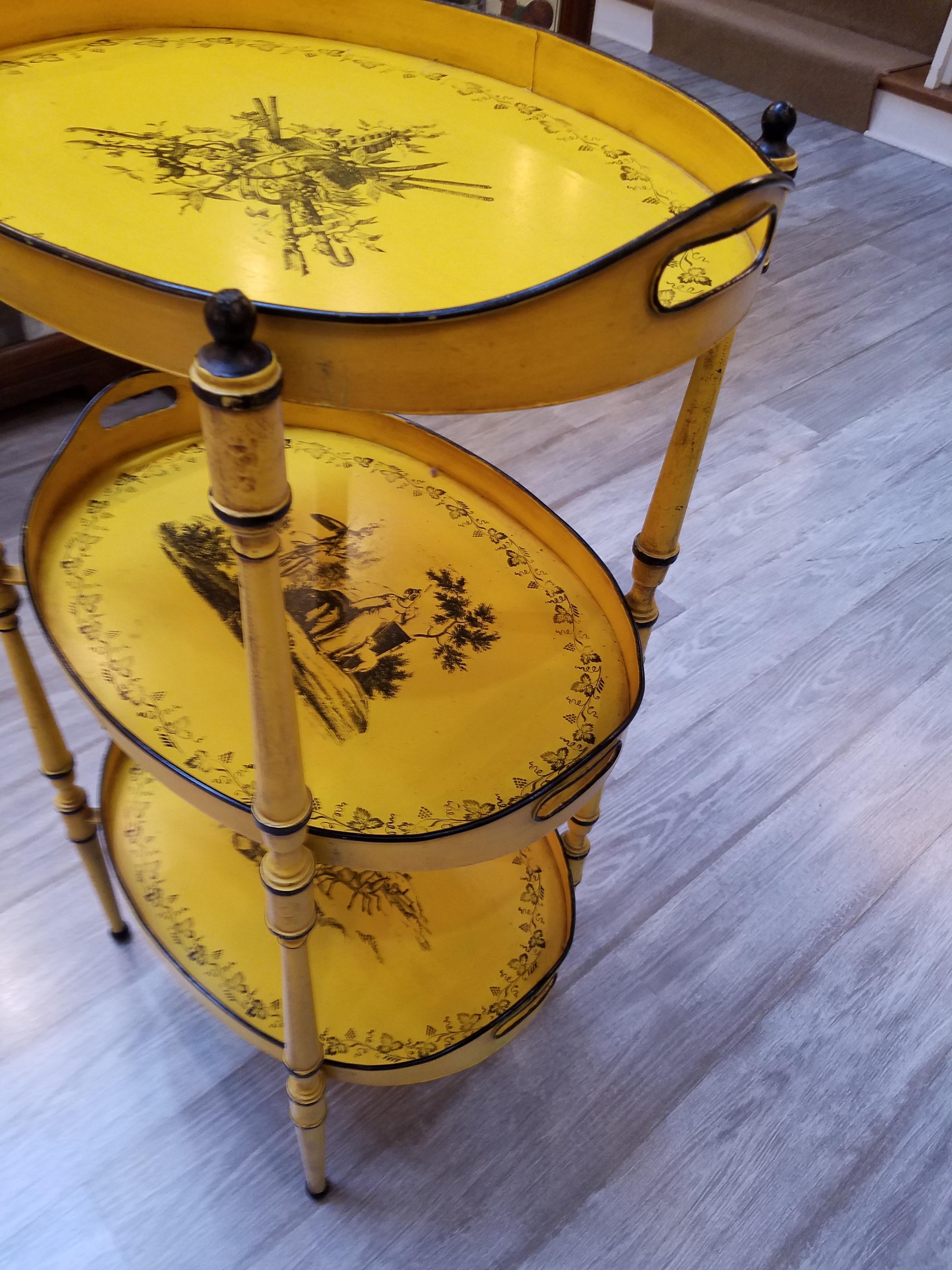 European Three Tiered Yellow and Black Tole Tray Stand, Italy, 1960s