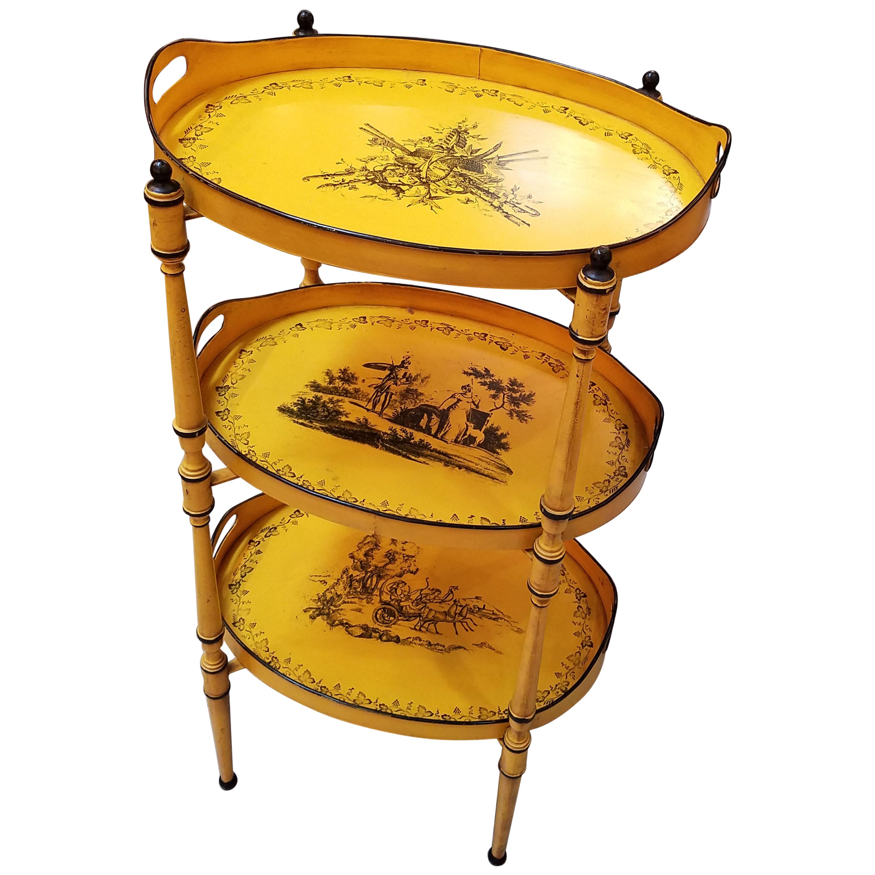 Three Tiered Yellow and Black Tole Tray Stand, Italy, 1960s